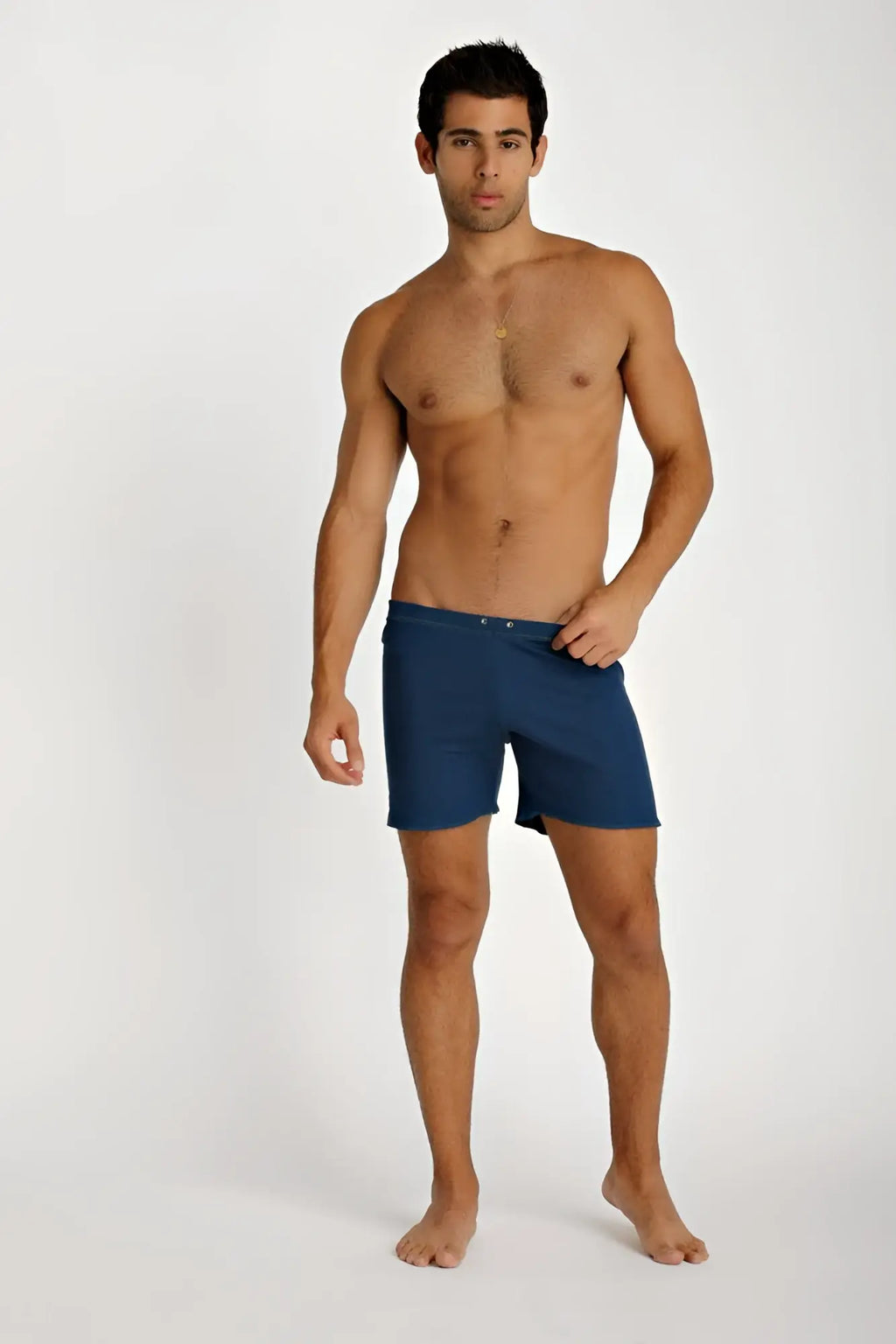Navy blue fusion yoga shorts with a clean design and button closure at the waist for comfortable activewear