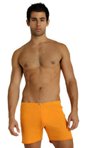 Bright orange fusion yoga shorts with simple design and two front button closures for swim and active wear