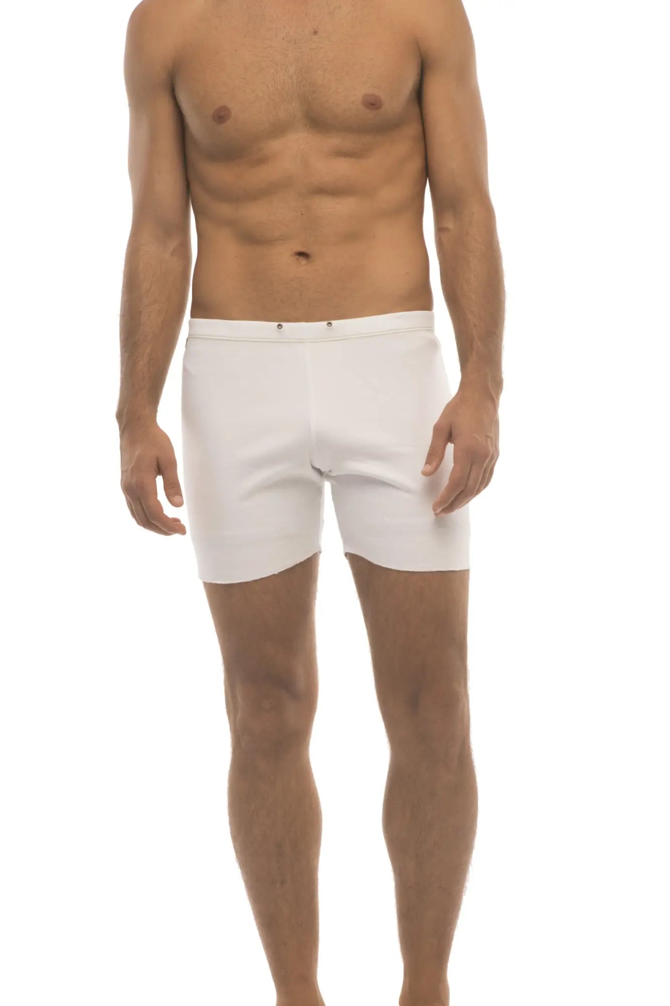 White men’s fusion yoga short swim trunks with clean minimalist design and subtle stitching details