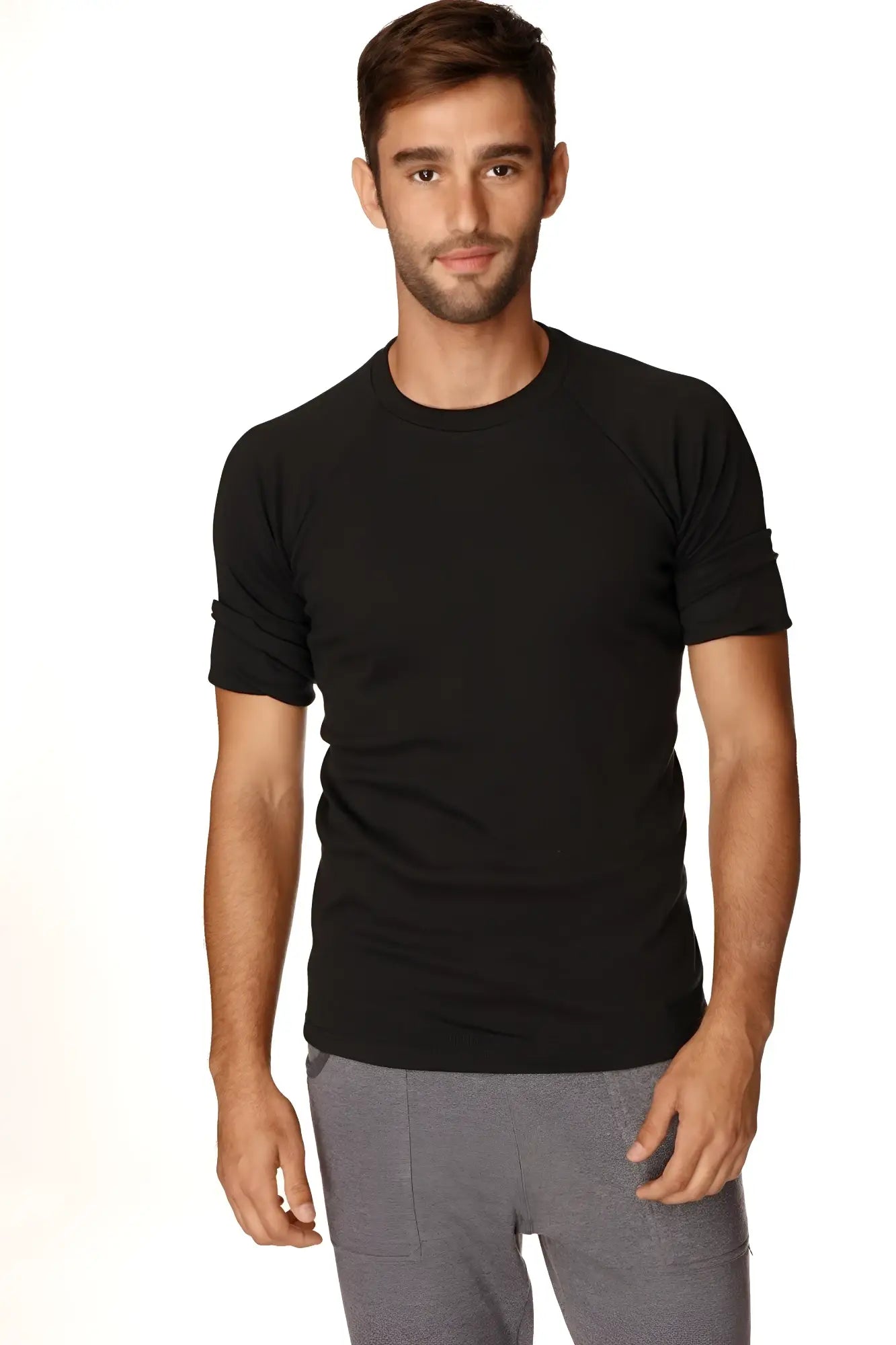 Black short-sleeved hybrid crew neck raglan tee with rolled-up sleeves made from breathable fabric