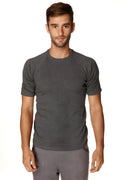 Men’s dark gray heathered short sleeve hybrid crew neck raglan tee made from breathable athletic fabric for active wear