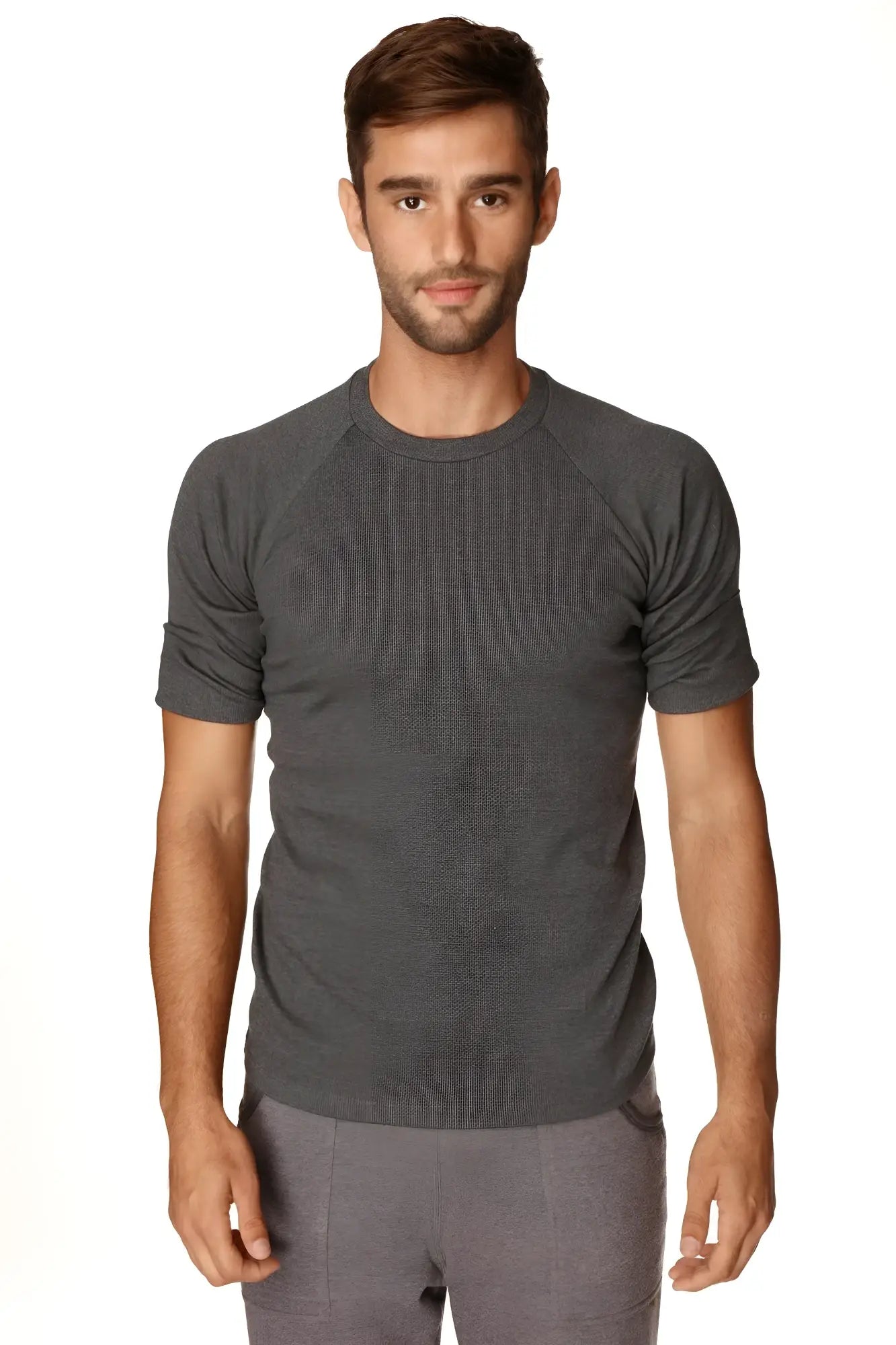 Men’s dark gray heathered short sleeve hybrid crew neck raglan tee made from breathable athletic fabric for active wear