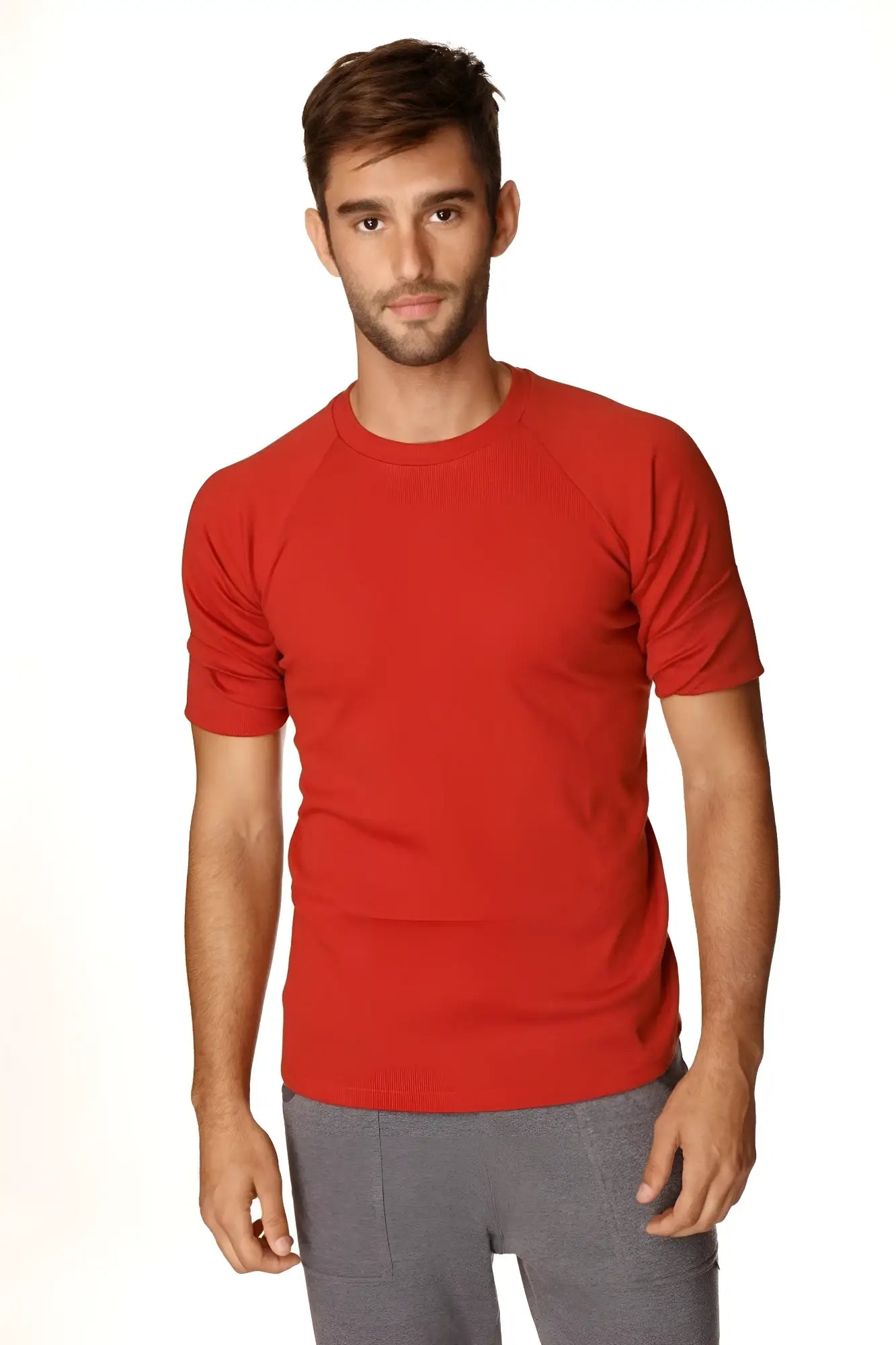 Red short-sleeved hybrid crew neck raglan tee in cinnabar red with comfortable breathable fabric for casual wear
