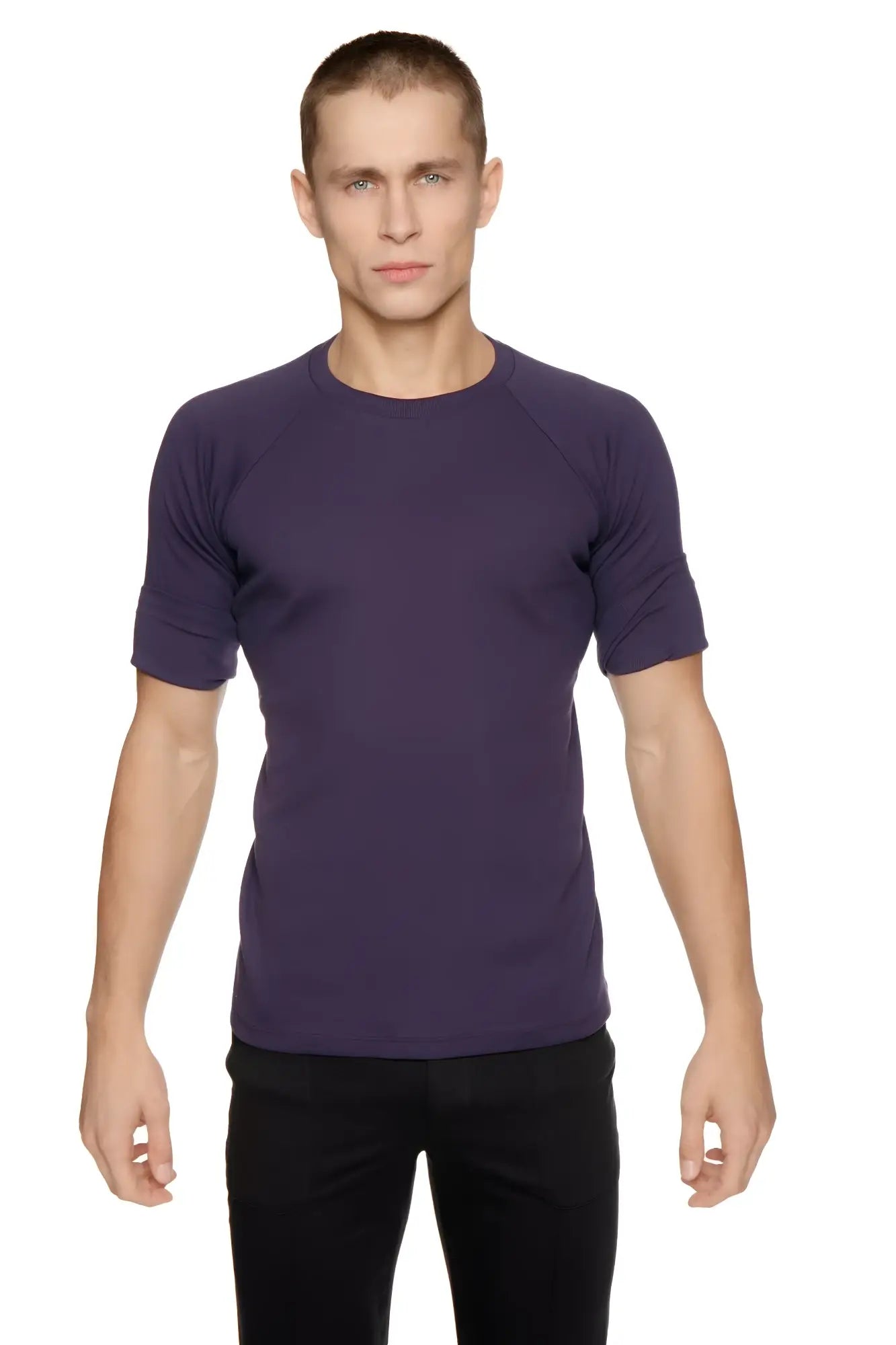 A dark purple hybrid crew neck raglan tee with short sleeves and smooth fabric finish in eggplant color