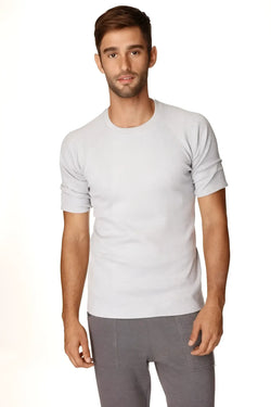 Light gray heathered cotton hybrid crew neck raglan tee with rolled-up sleeves for casual wear