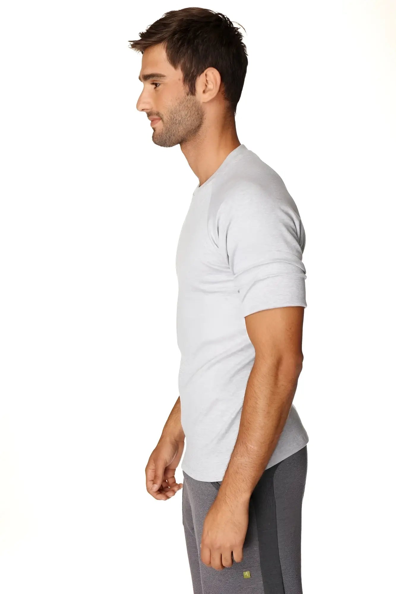 A light gray hybrid crew neck raglan tee made of soft fabric with short sleeves