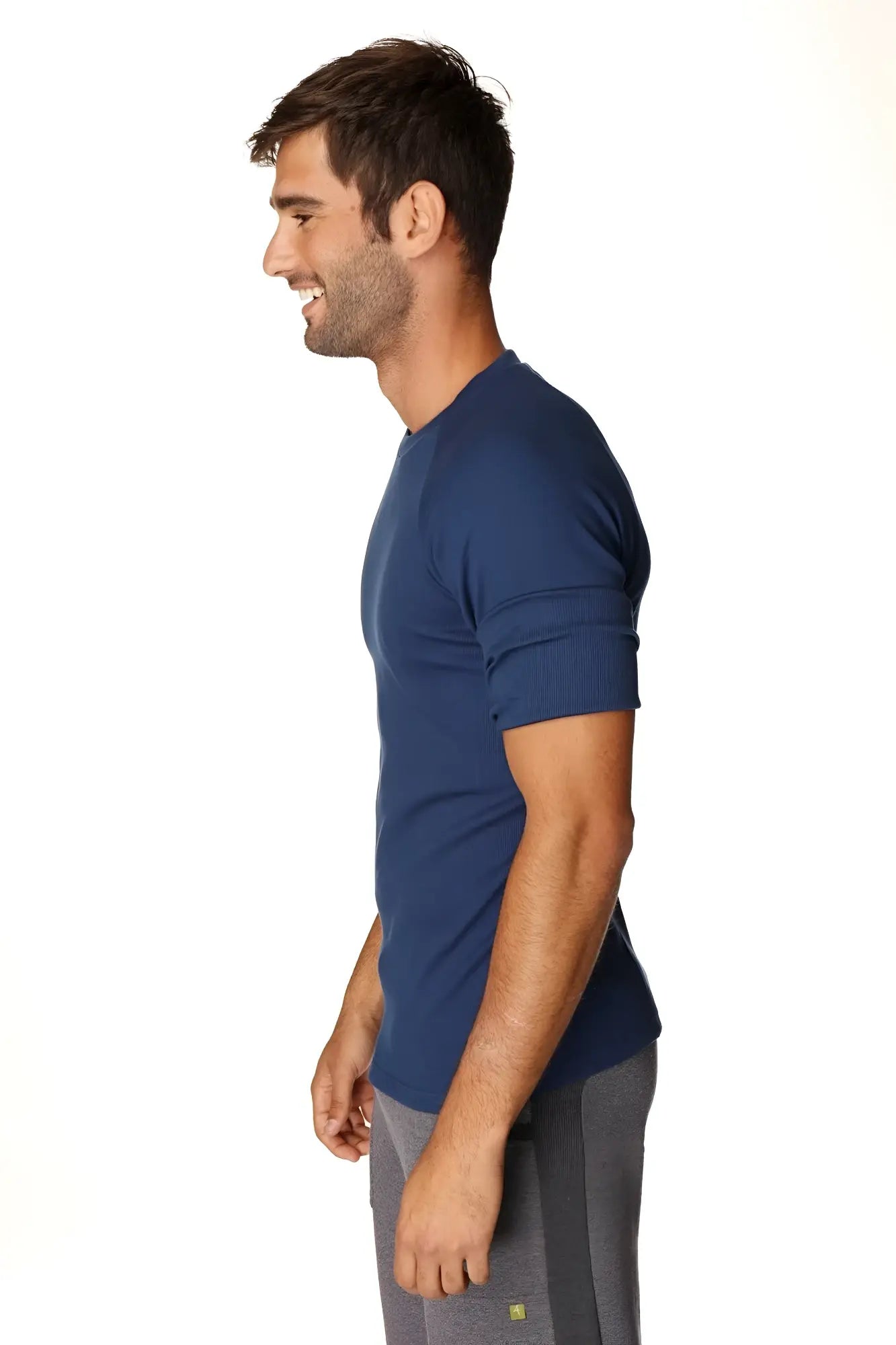 Navy blue short-sleeved hybrid crew neck raglan athletic shirt designed for performance and comfort