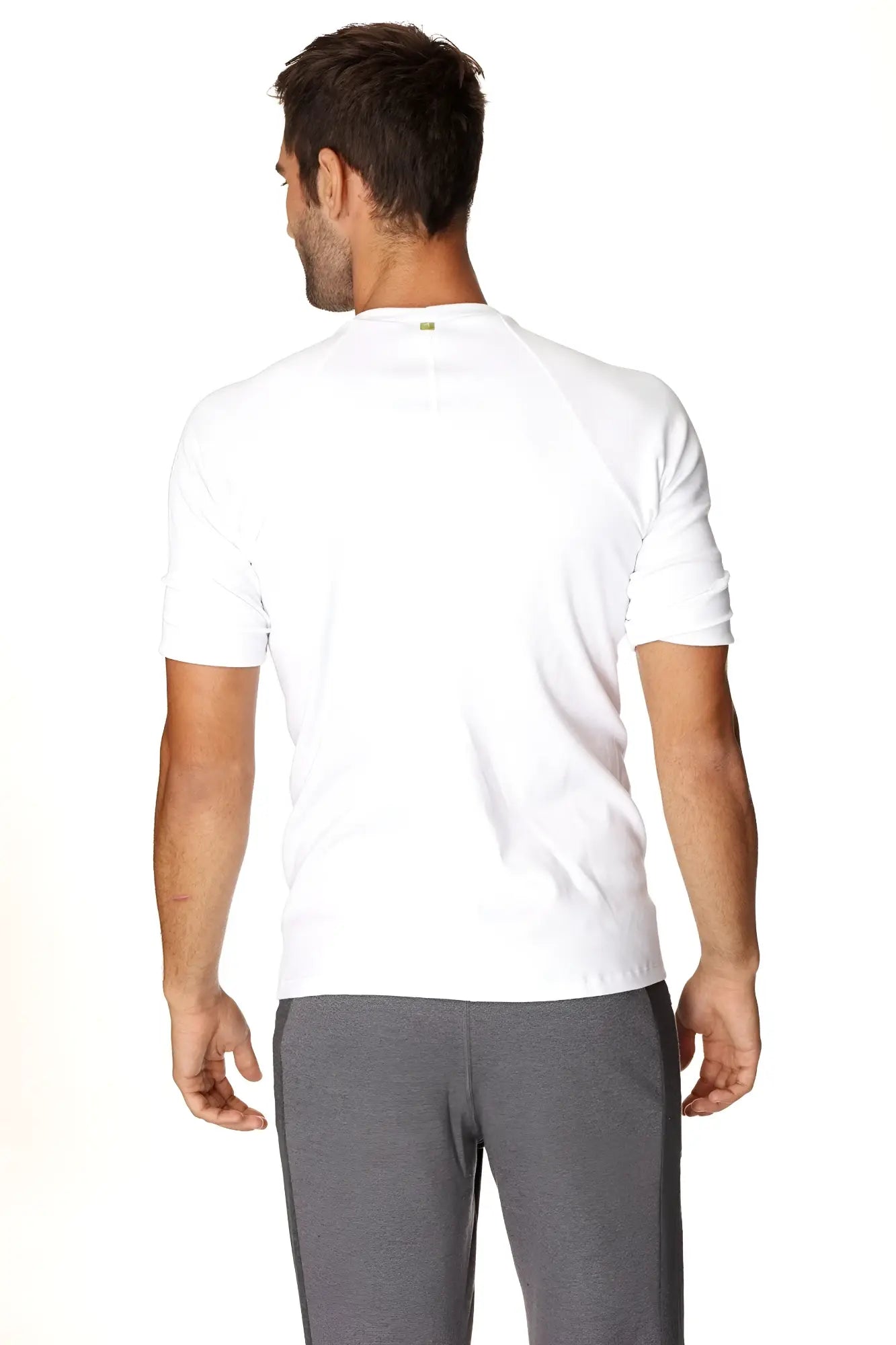 White short-sleeved hybrid crew neck raglan tee with subtle ribbed cuffs ideal for athletic wear