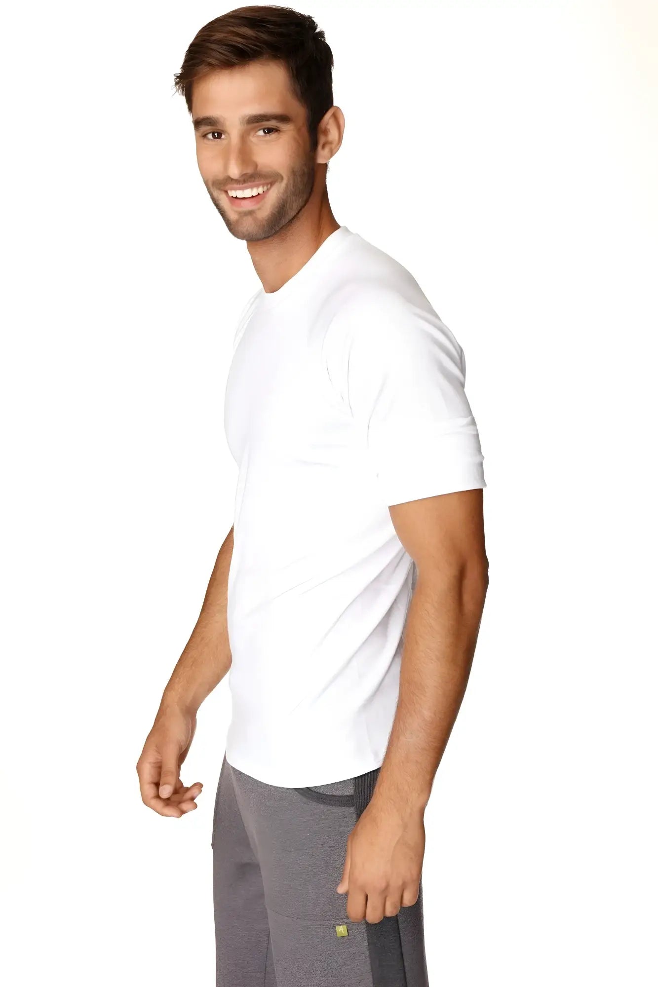 White crew-neck hybrid raglan tee with short sleeves made from soft breathable fabric for casual wear