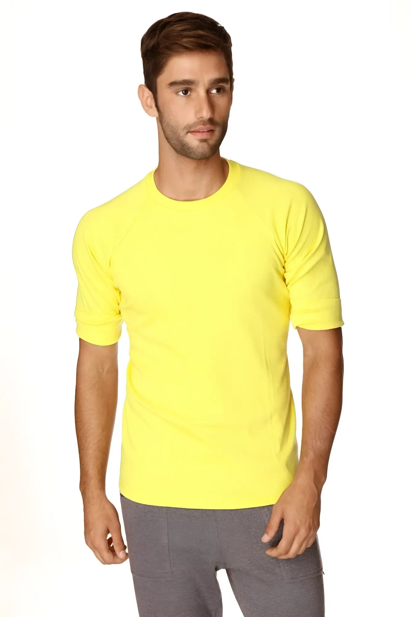 Bright yellow short-sleeved hybrid crew neck raglan tee made from soft breathable fabric for casual wear