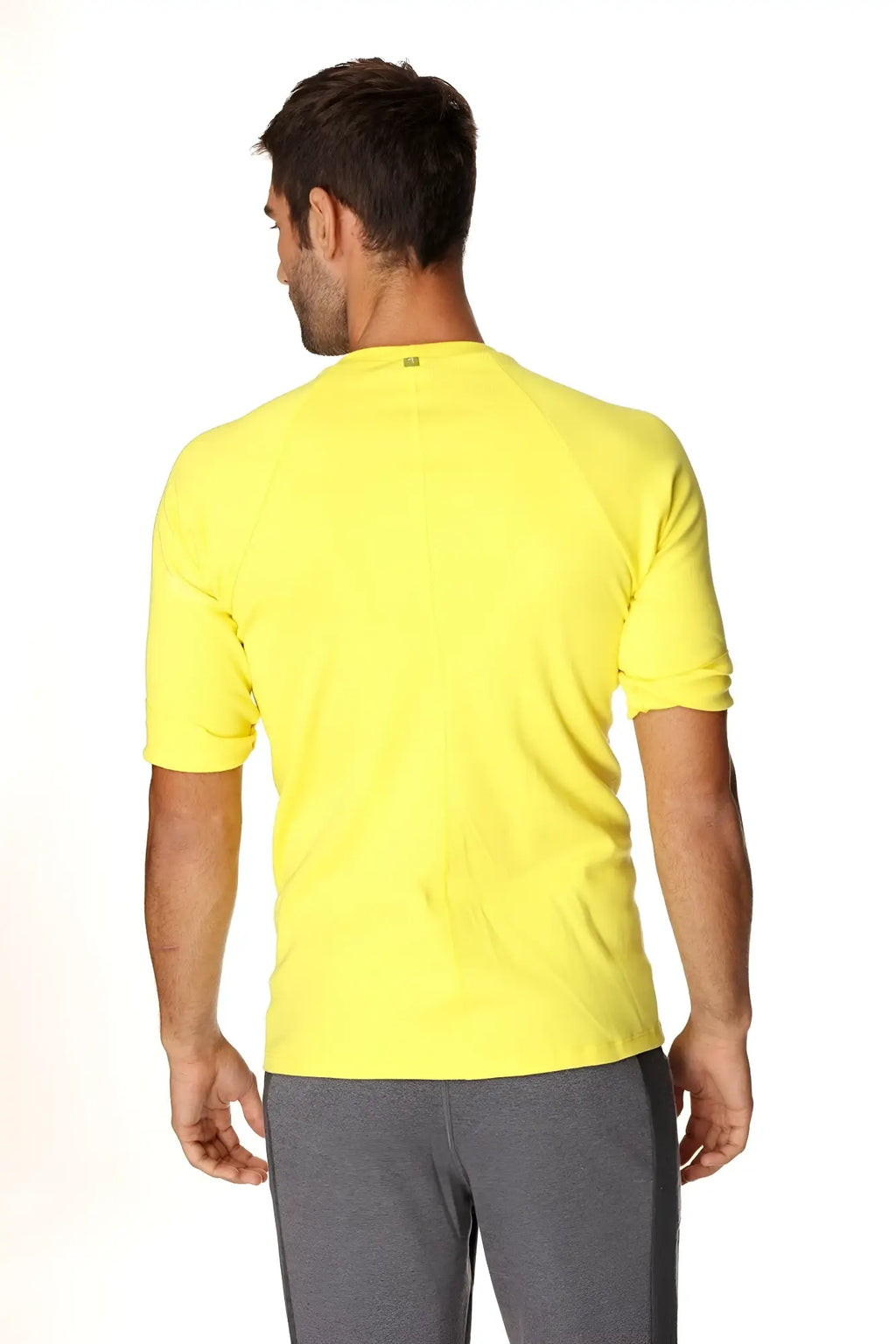 Bright yellow hybrid crew neck raglan tee with short sleeves designed for athletic wear and comfort