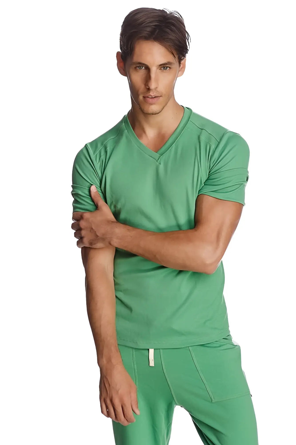 Green v-neck short-sleeved t-shirt made of soft textured bamboo fabric called Hybrid v-neck bamboo green
