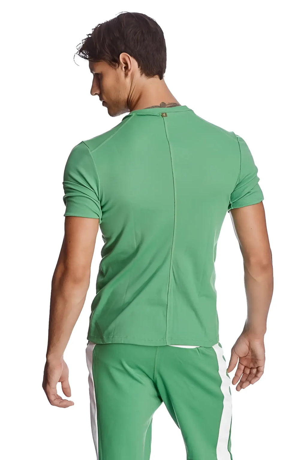 Back view of a green bamboo hybrid v neck short sleeve t-shirt with textured fabric and central back zipper