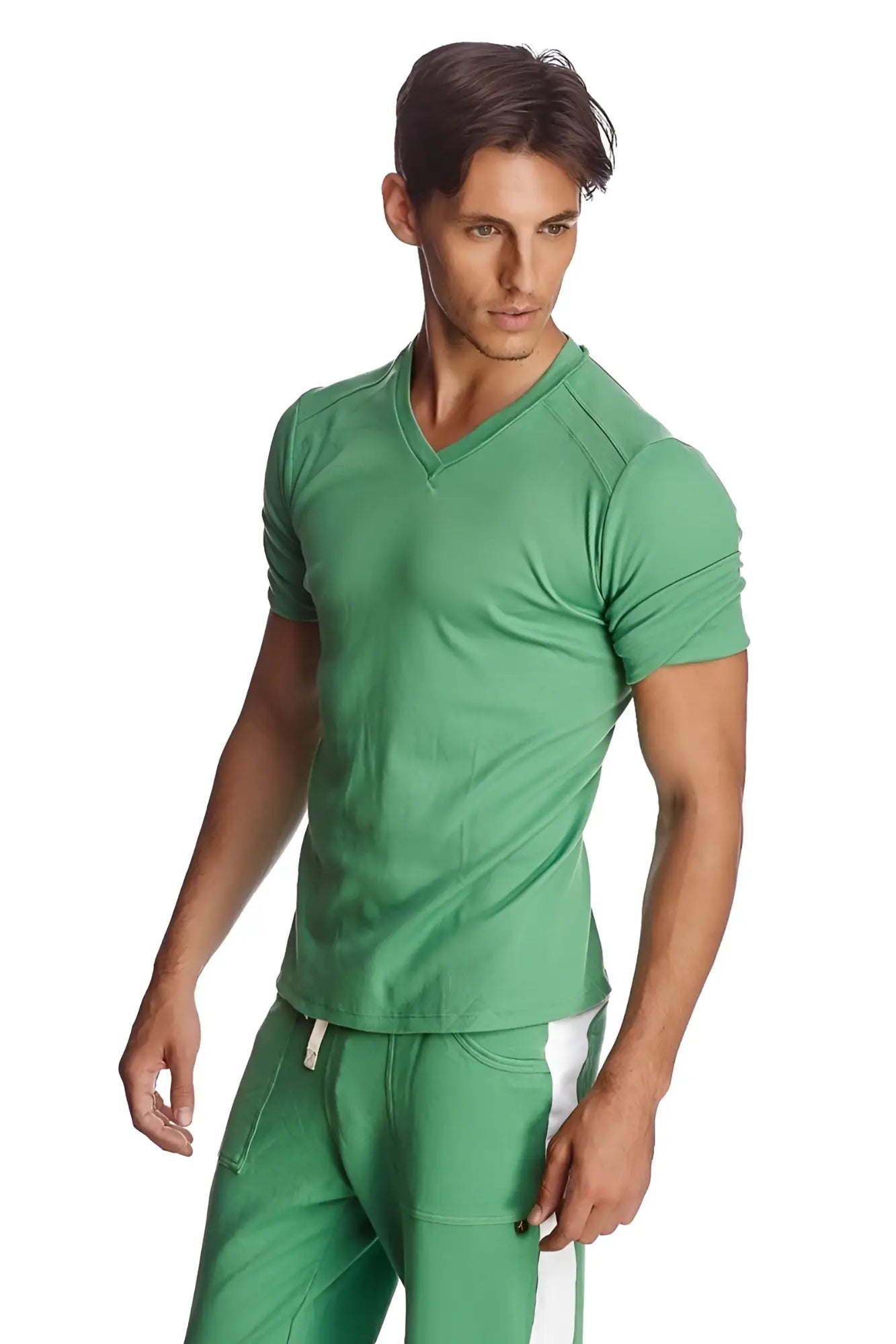 A sleek fitted green bamboo v-neck short sleeve t-shirt with subtle ribbed texture and modern design hybrid v-neck