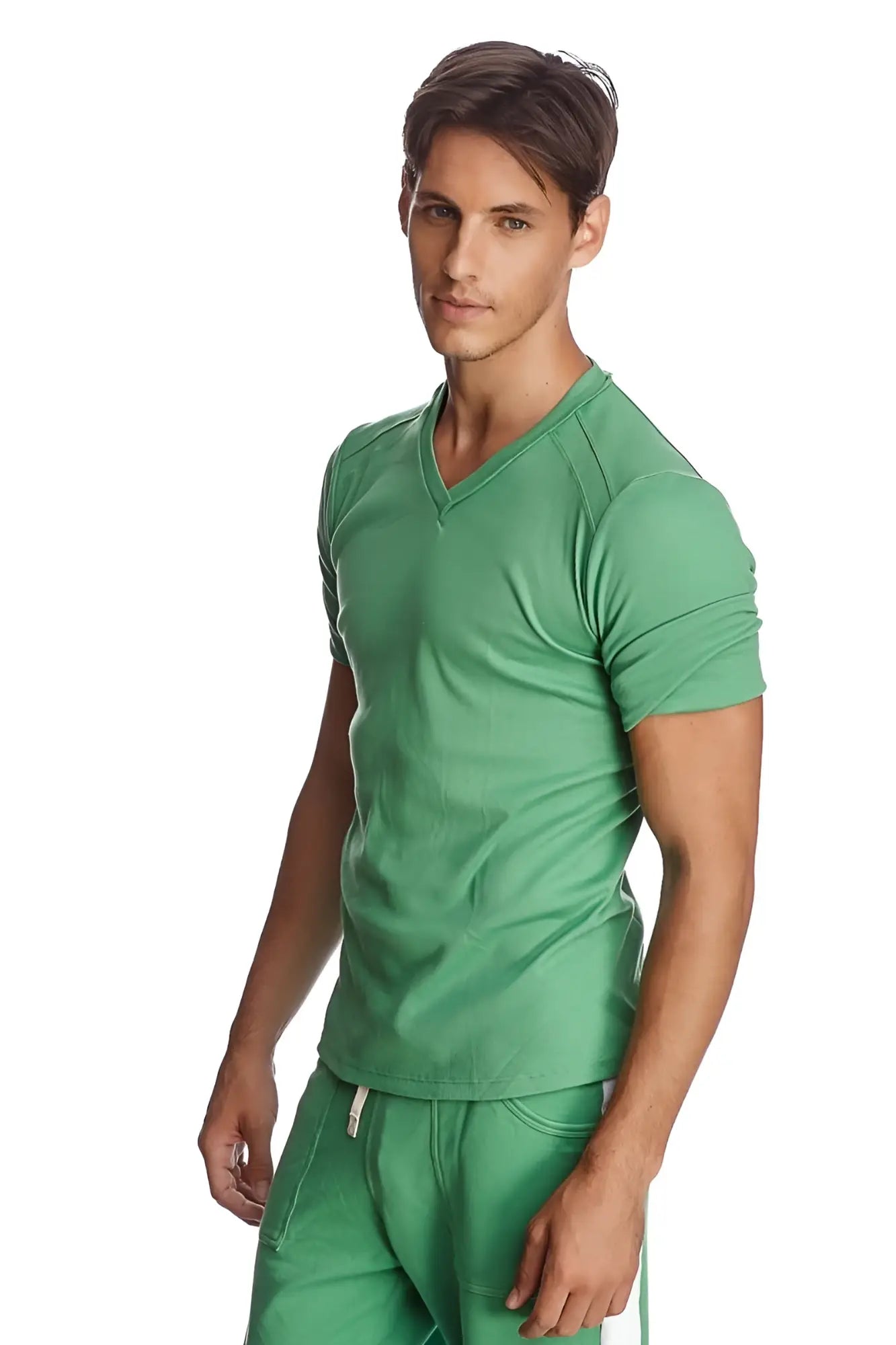 A sleek solid green bamboo v-neck short sleeve t-shirt with ribbed texture and subtle seam detailing hybrid v-neck