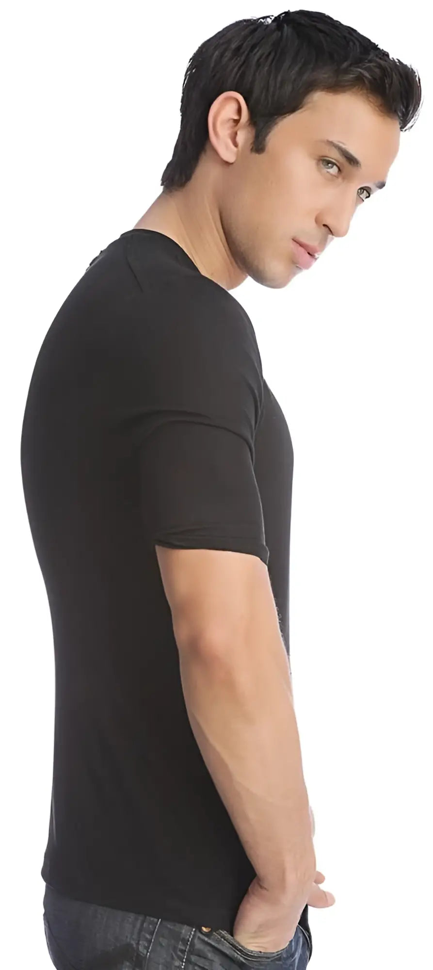 Hybrid v-neck black short-sleeved t-shirt made of soft material perfect for casual and active wear