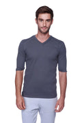 Dark gray textured hybrid v-neck short-sleeved shirt made of breathable fabric for casual and active wear
