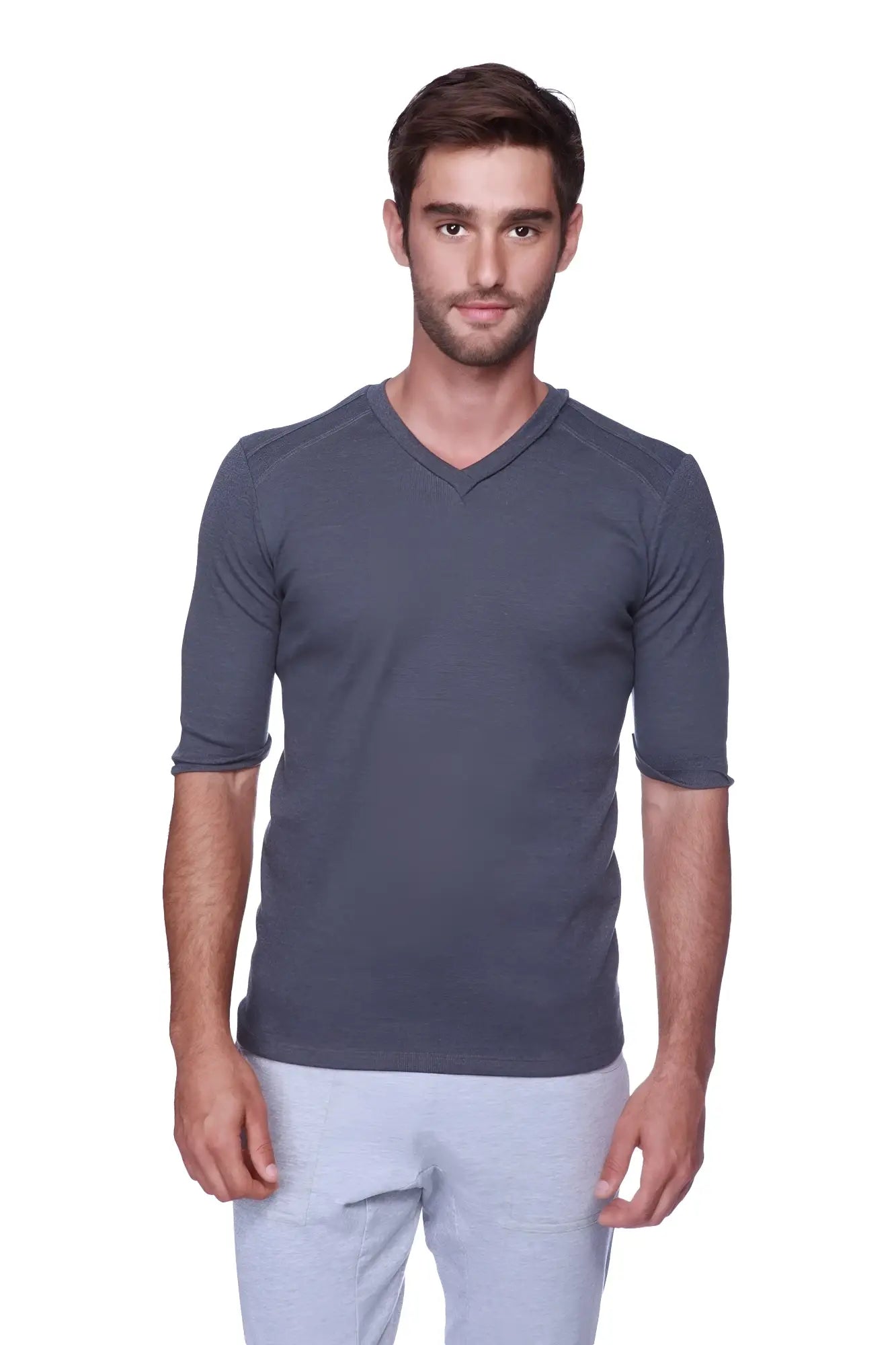 Dark gray textured hybrid v-neck short-sleeved shirt made of breathable fabric for casual and active wear