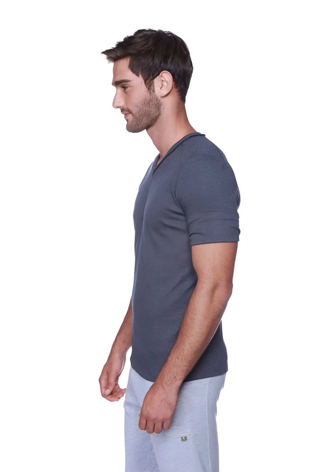 Dark gray textured short-sleeved hybrid v-neck t-shirt in charcoal with soft breathable fabric for casual wear