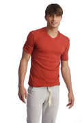 Men’s hybrid v-neck cinnabar t-shirt with textured fabric and rolled-up short sleeves
