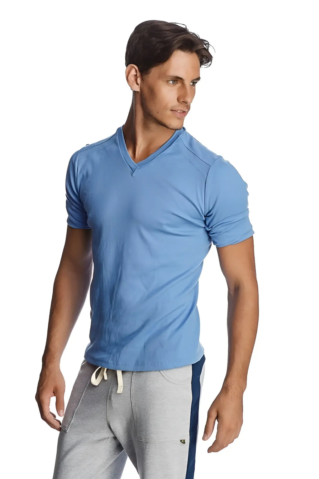 Light blue ribbed short-sleeve Hybrid v-neck t-shirt made from soft fabric for casual wear