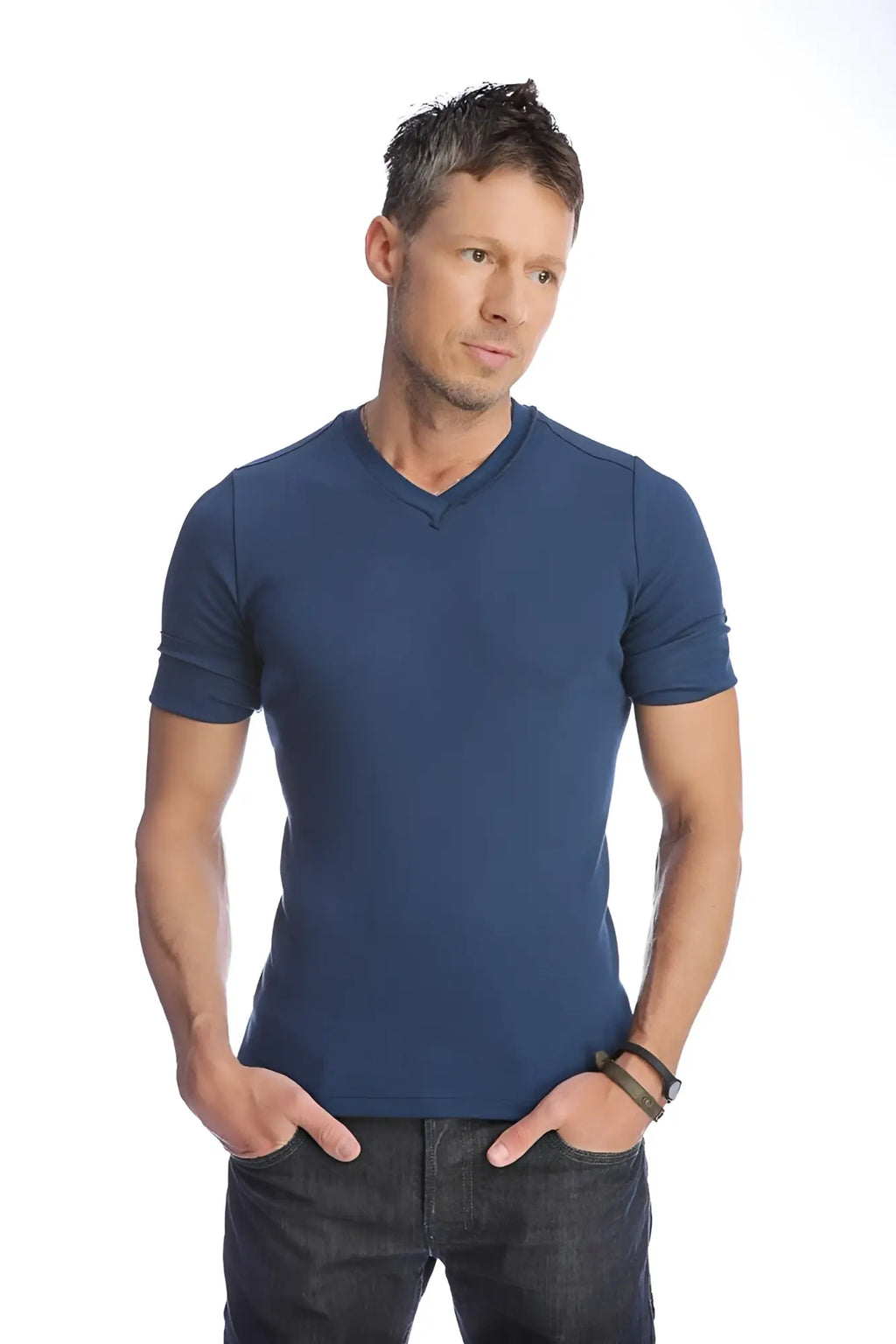 Navy blue short-sleeved hybrid v-neck cotton t-shirt ideal for casual wear in royal color tone