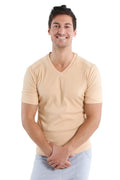 Beige v-neck short-sleeved cotton t-shirt hybrid v-neck sand beige with soft breathable fabric for casual wear