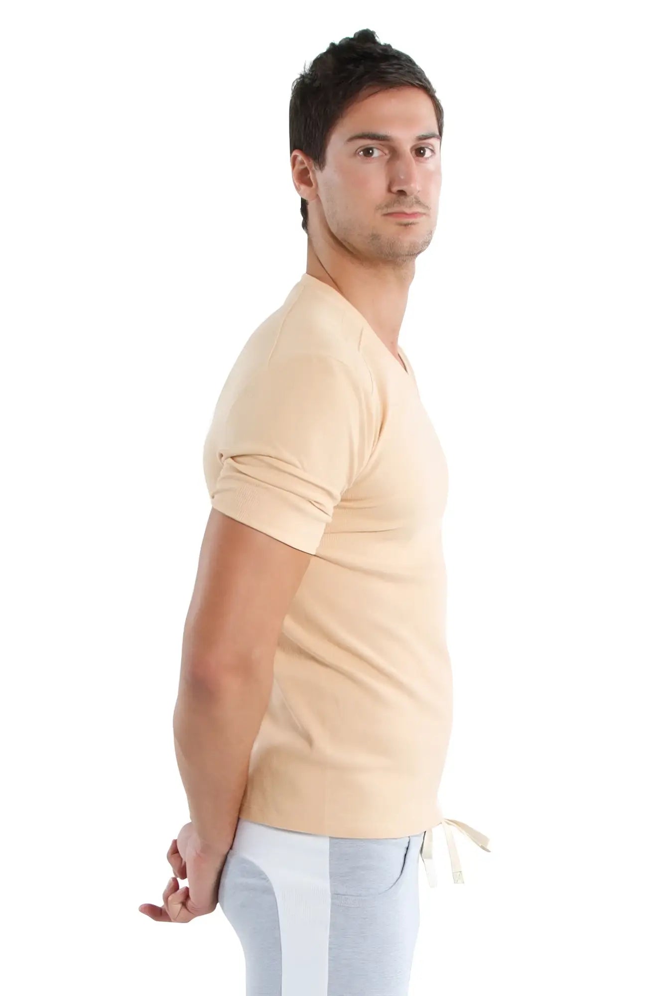 Beige v-neck short-sleeved t-shirt with rolled sleeves and drawstring hem hybrid v-neck sand beige