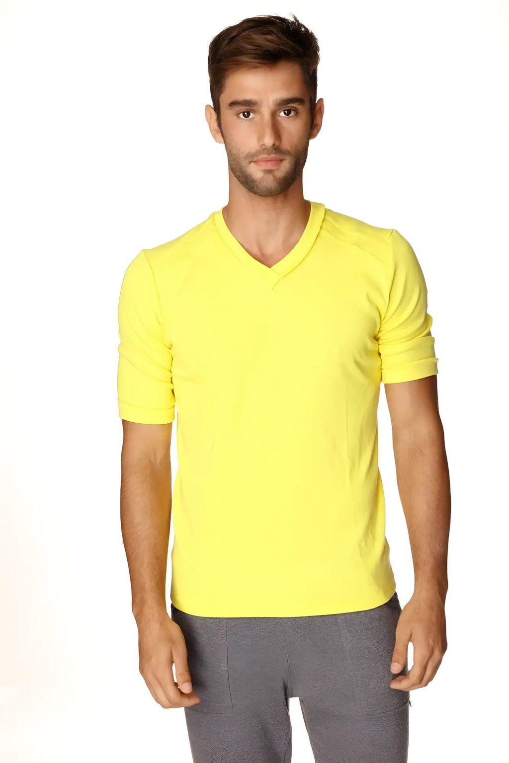 Bright yellow hybrid v-neck short-sleeved t-shirt made from soft breathable fabric ideal for casual wear