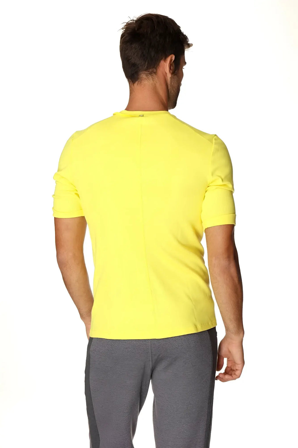 Bright yellow short-sleeved hybrid v-neck t-shirt with a simple crew neck design for casual wear