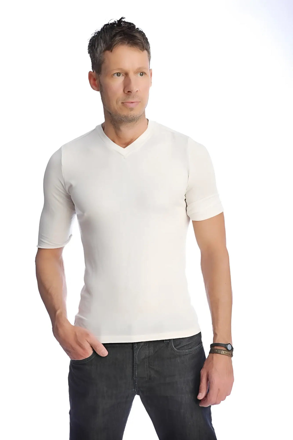 A crisp white hybrid v neck short sleeve t shirt with smooth fitted fabric and breathable material for everyday wear