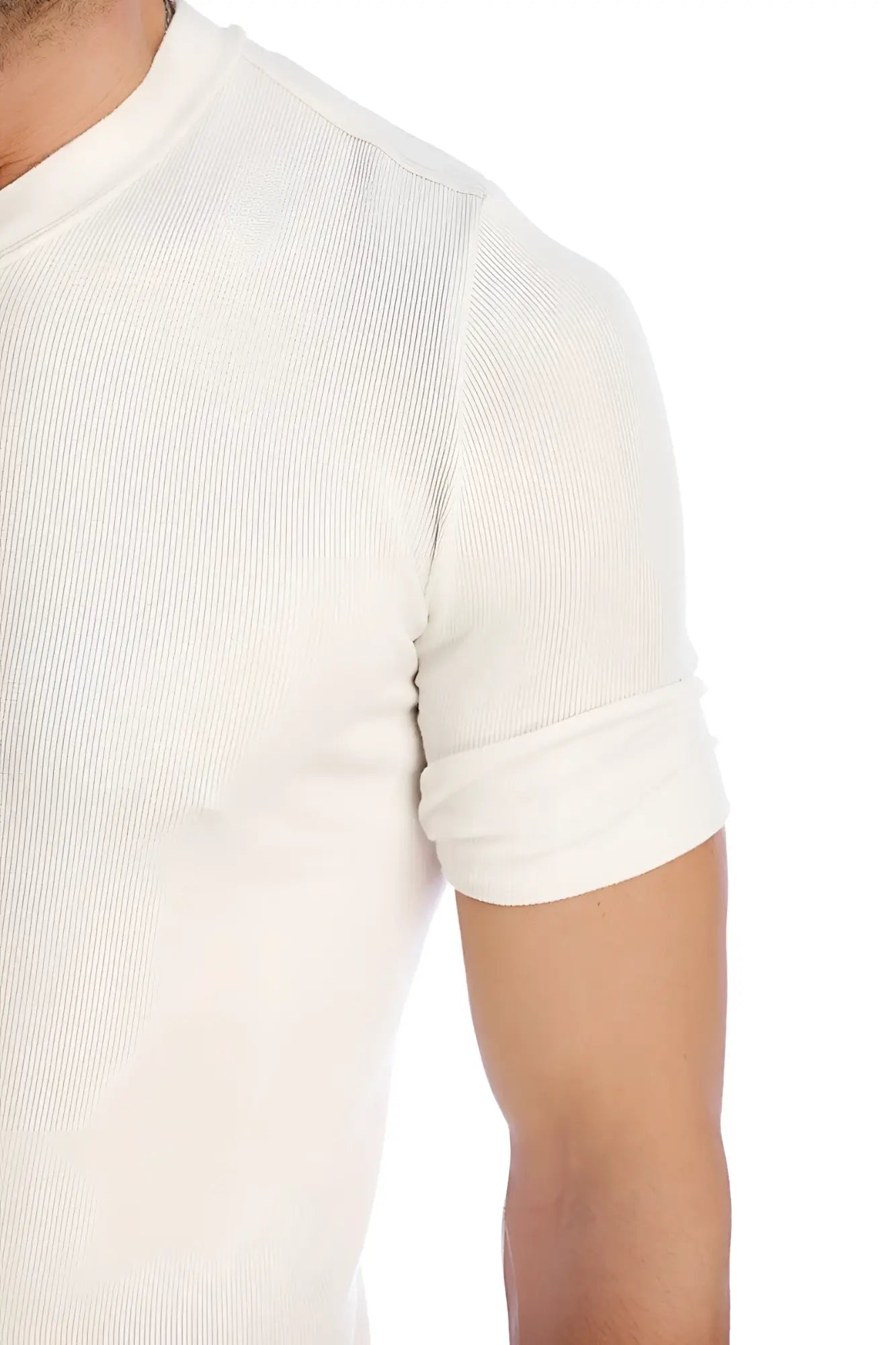 A white ribbed short-sleeved t-shirt with a crew neck from the hybrid v-neck collection designed for casual wear