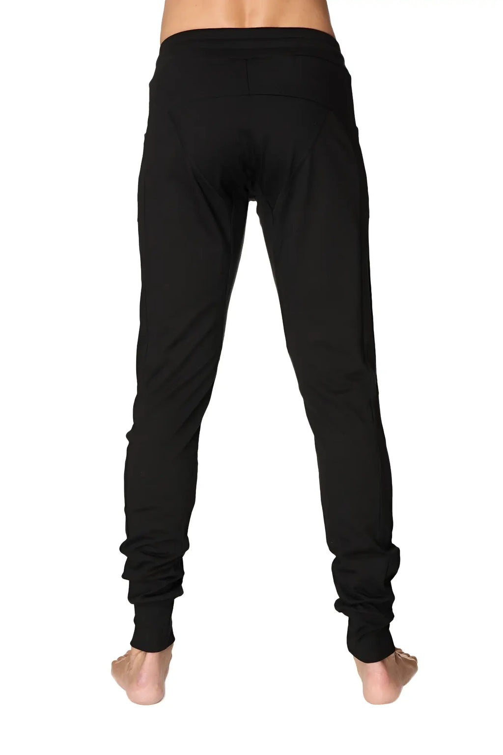 Black long cuffed jogger and yoga sweat pants with slim fit elastic cuffs and comfortable waistband