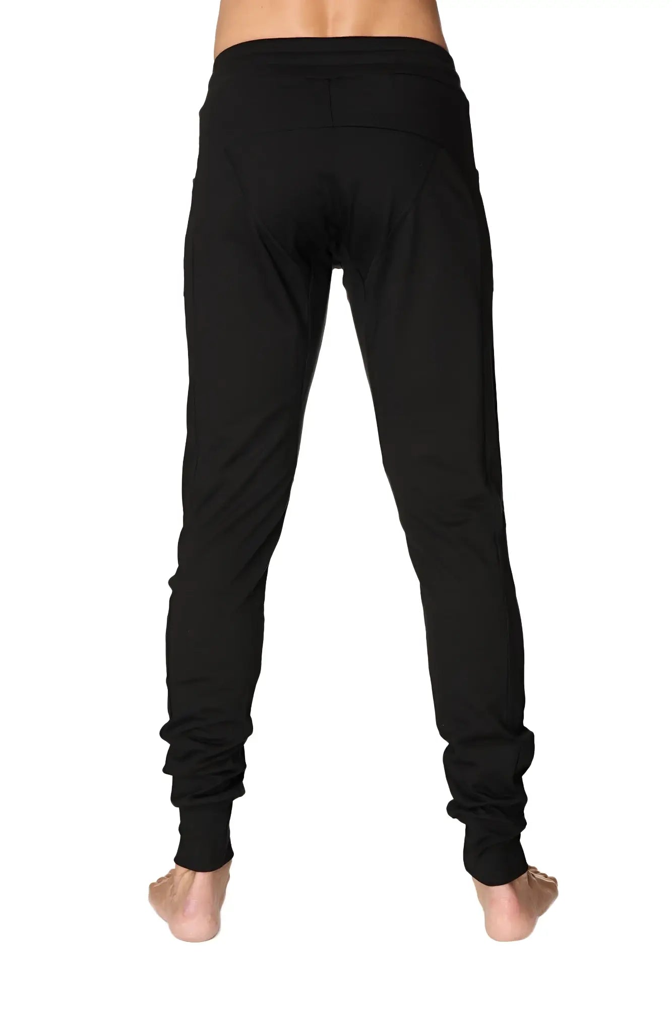Black long cuffed jogger and yoga sweat pants with slim fit elastic cuffs and comfortable waistband