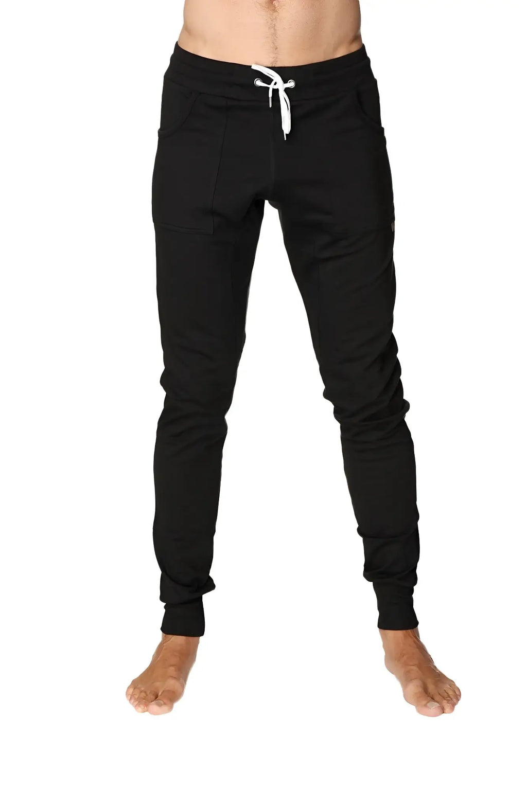 Black long cuffed jogger and yoga sweat pants with white drawstring waistband and elastic cuffs for comfort
