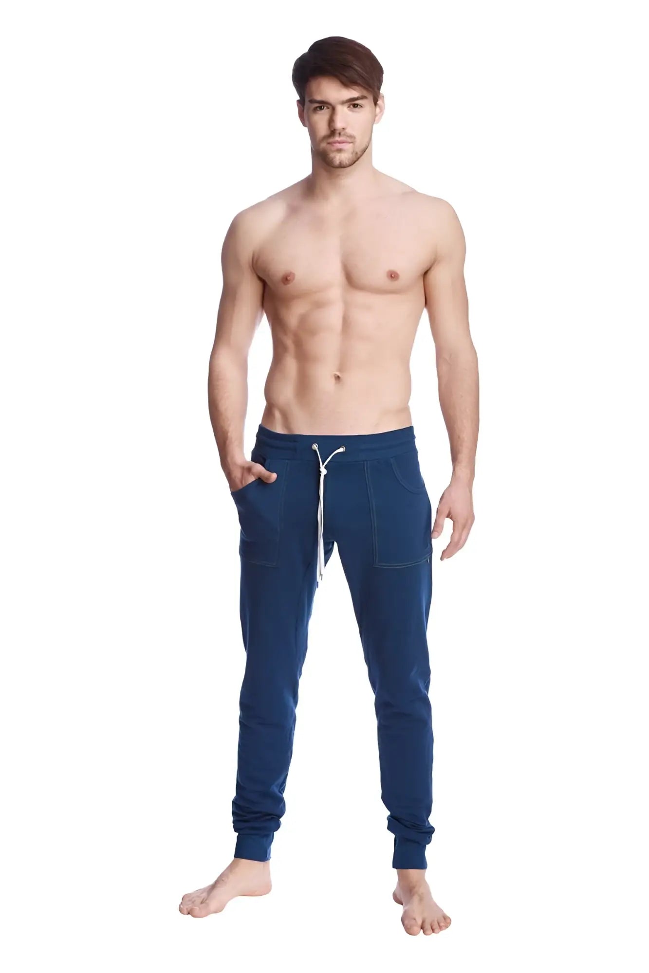 Long cuffed jogger and yoga sweat pants in navy blue with white drawstring and side pockets for comfortable wear