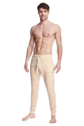Beige long cuffed jogger and yoga sweat pants with drawstring waistband and side pockets for casual wear