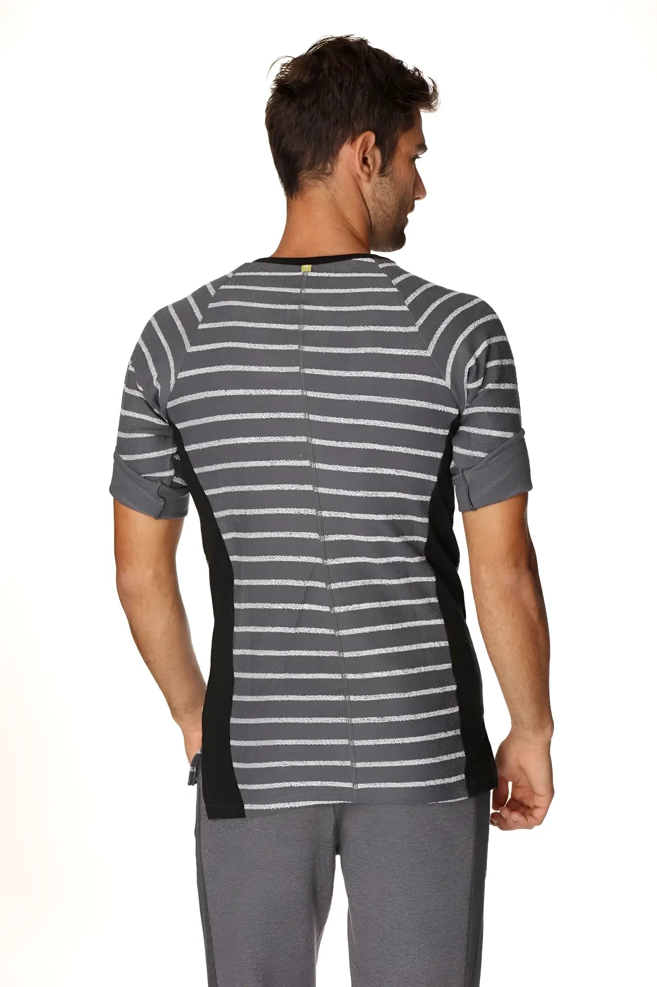 4-rth mens vintage-stripe henley tee in charcoal french terry loop with gray and white stripes and black side panels