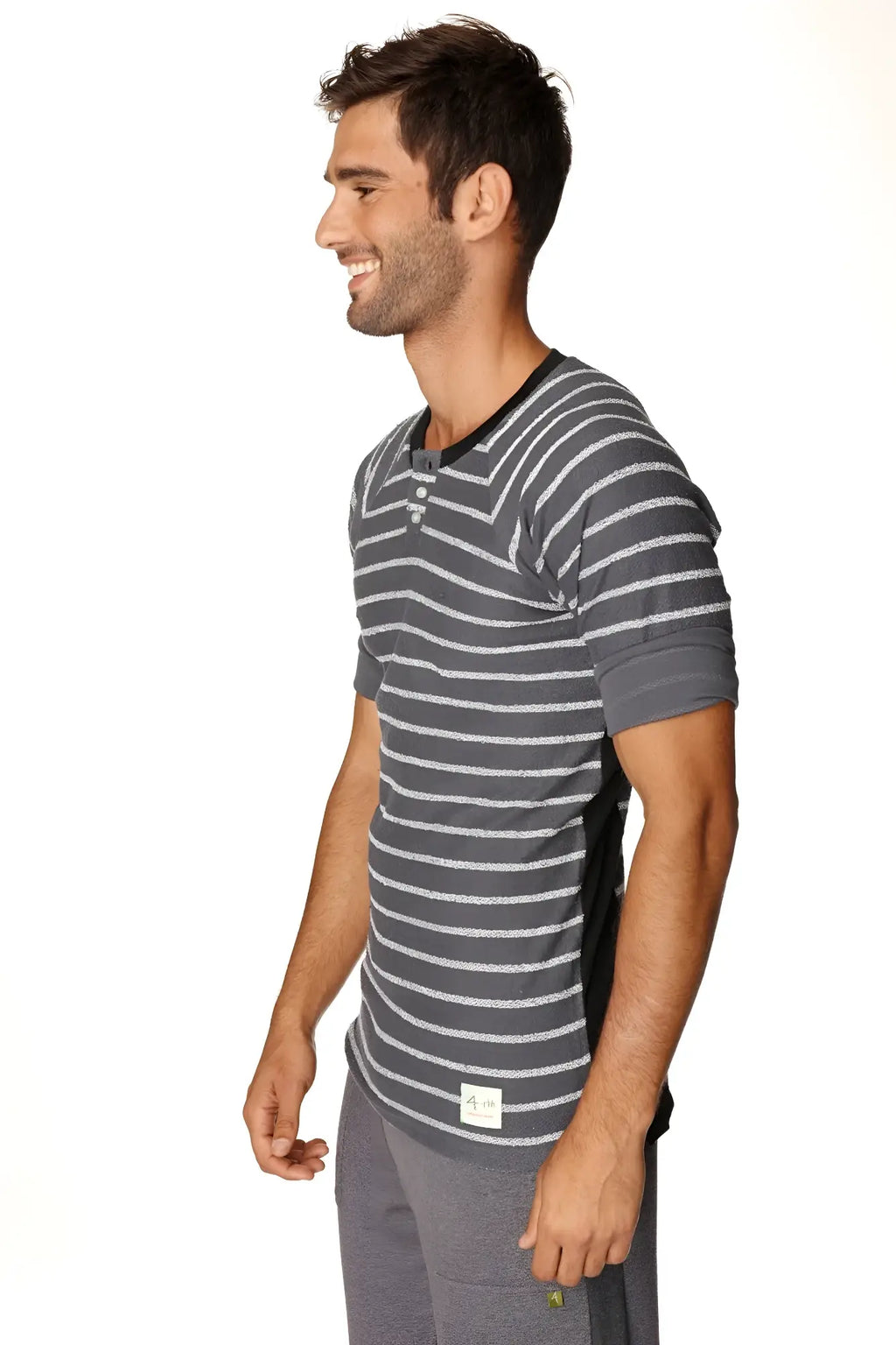 Gray and white striped short-sleeved henley tee with black collar in french terry loop charcoal fabric