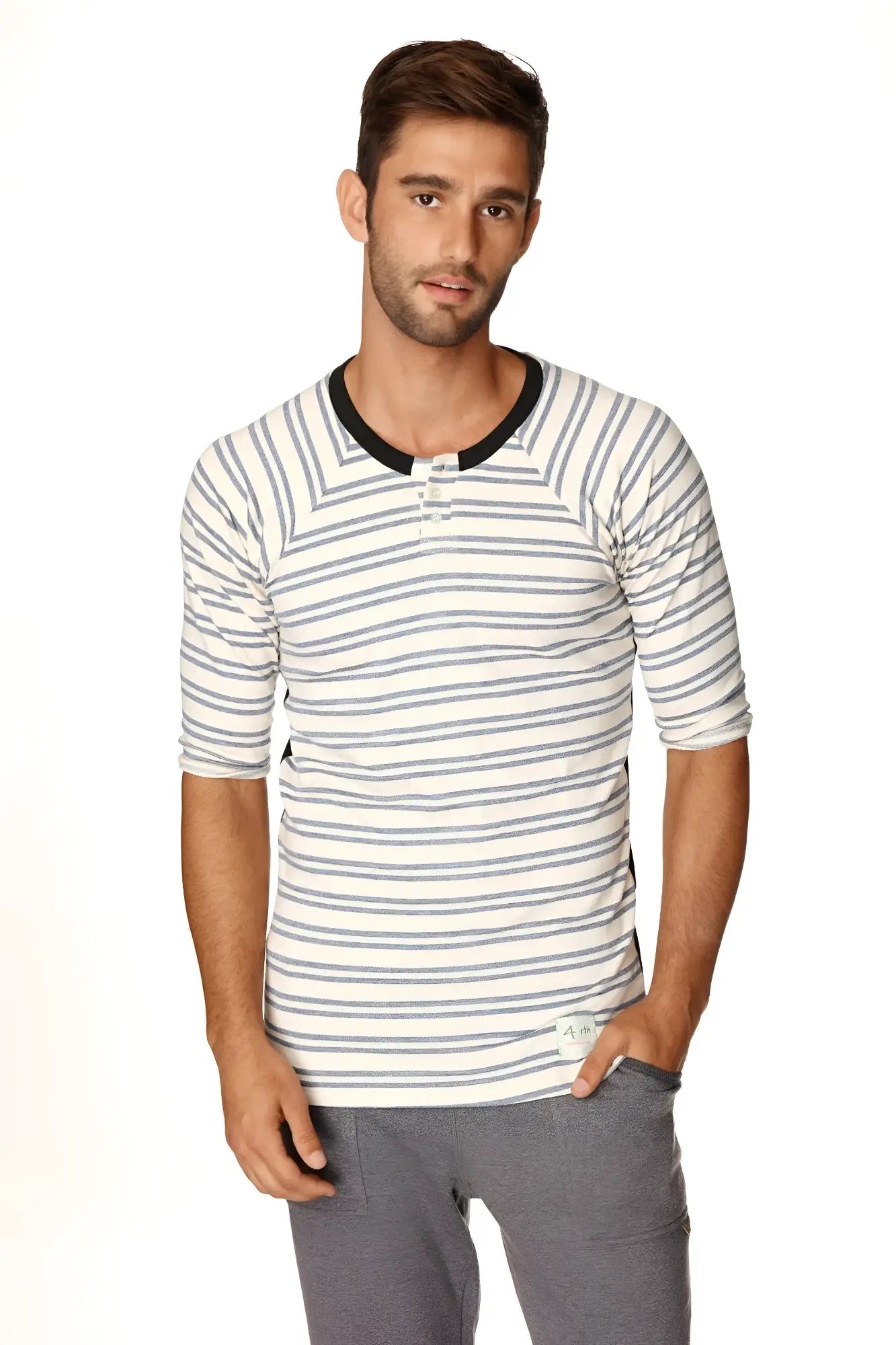 4-rth mens vintage-stripe henley tee in french terry loop with three-quarter sleeves white gray stripes black collar