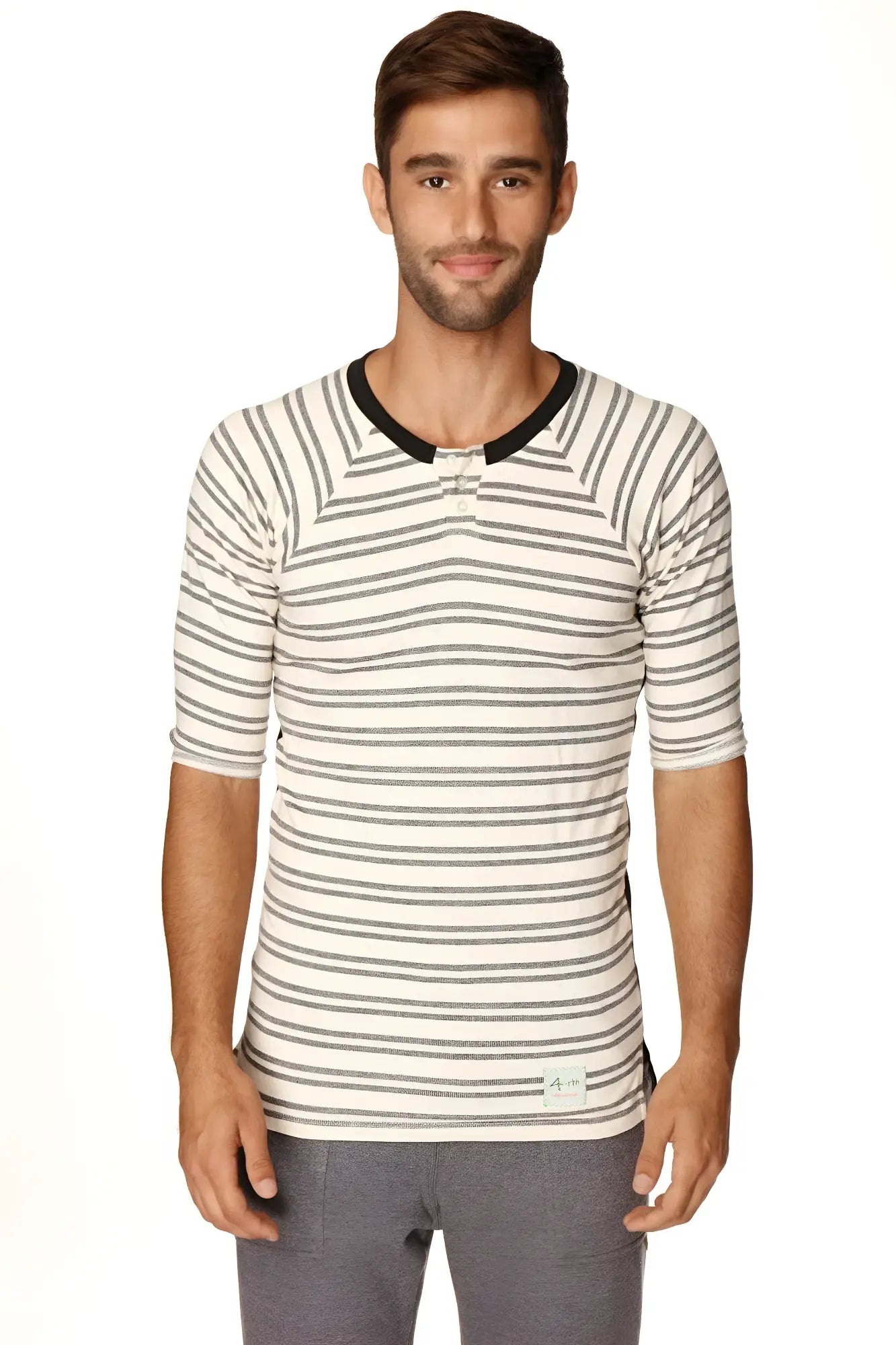 4-rth mens vintage-stripe henley tee in dark grey double stripe french terry loop with black ribbed collar and brand tag