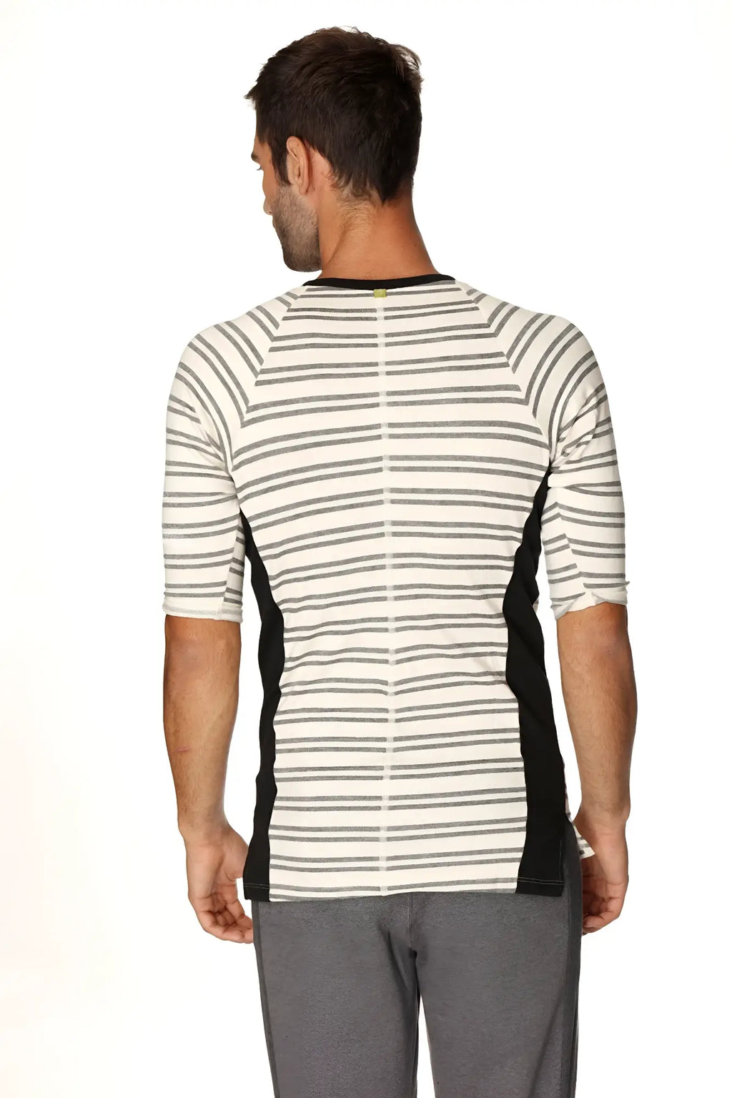 4-rth mens vintage-stripe henley tee in french terry loop with white gray stripes and black side panels