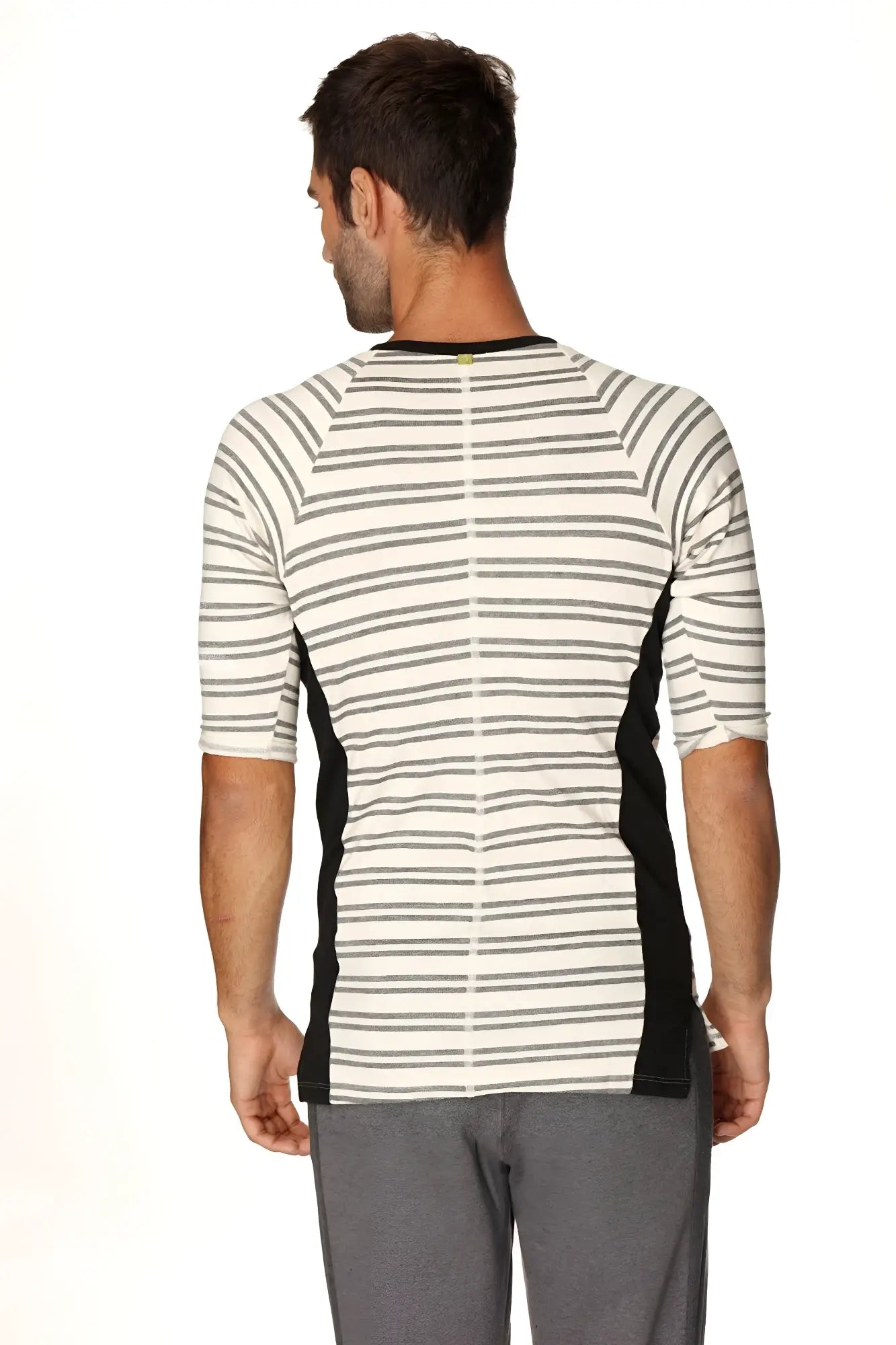 4-rth mens vintage-stripe henley tee in french terry loop with white gray stripes and black side panels
