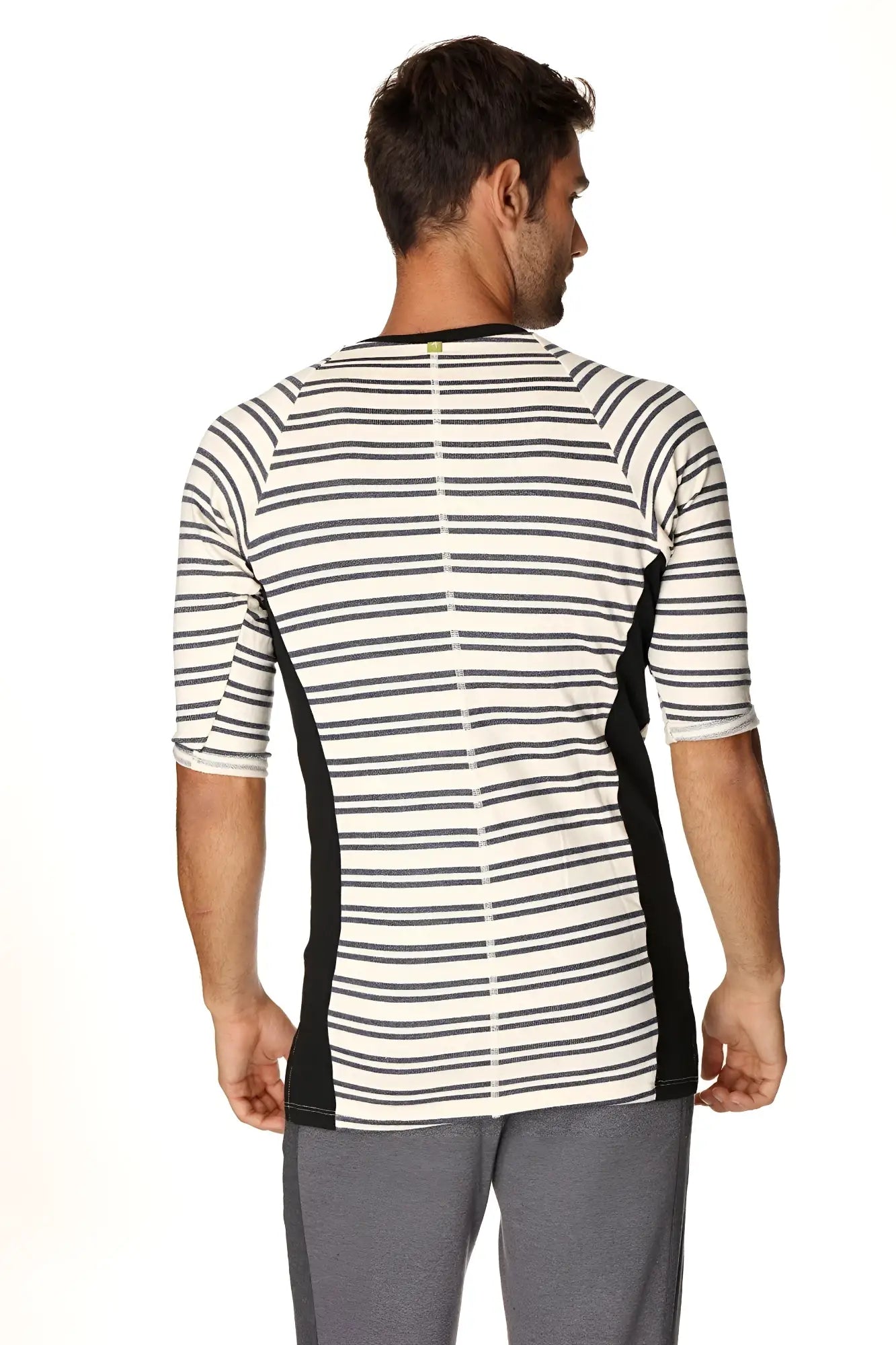 A men’s three-quarter sleeve vintage-stripe henley tee in navy double stripe french terry loop with black side panels