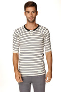 A men’s short-sleeved striped henley shirt in white and black with ribbed collar and three-button placket in french terry loop
