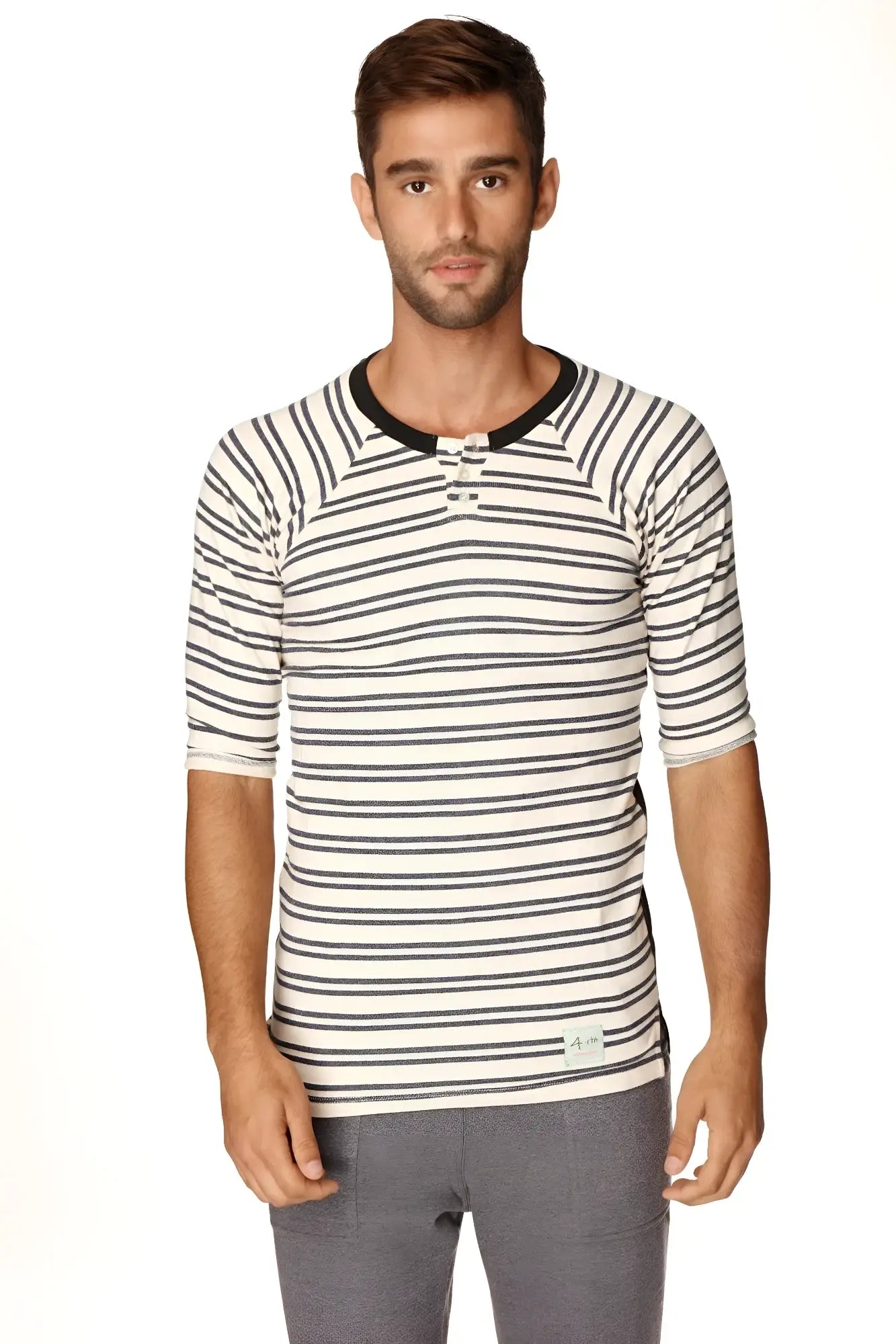A men’s short-sleeved striped henley shirt in white and black with ribbed collar and three-button placket in french terry loop