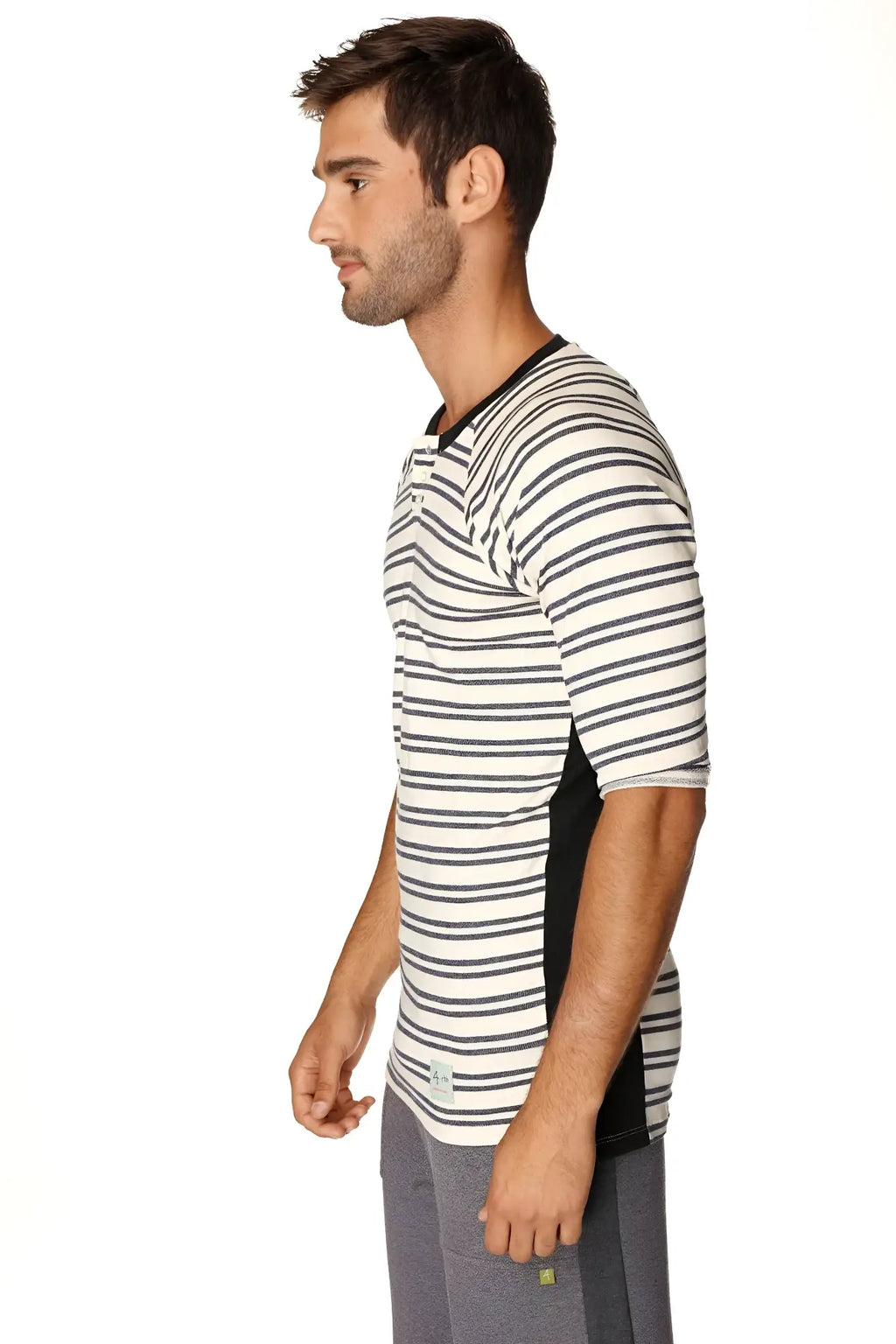 A men’s short-sleeved vintage-stripe henley tee with navy double stripes black side panels in french terry loop fabric
