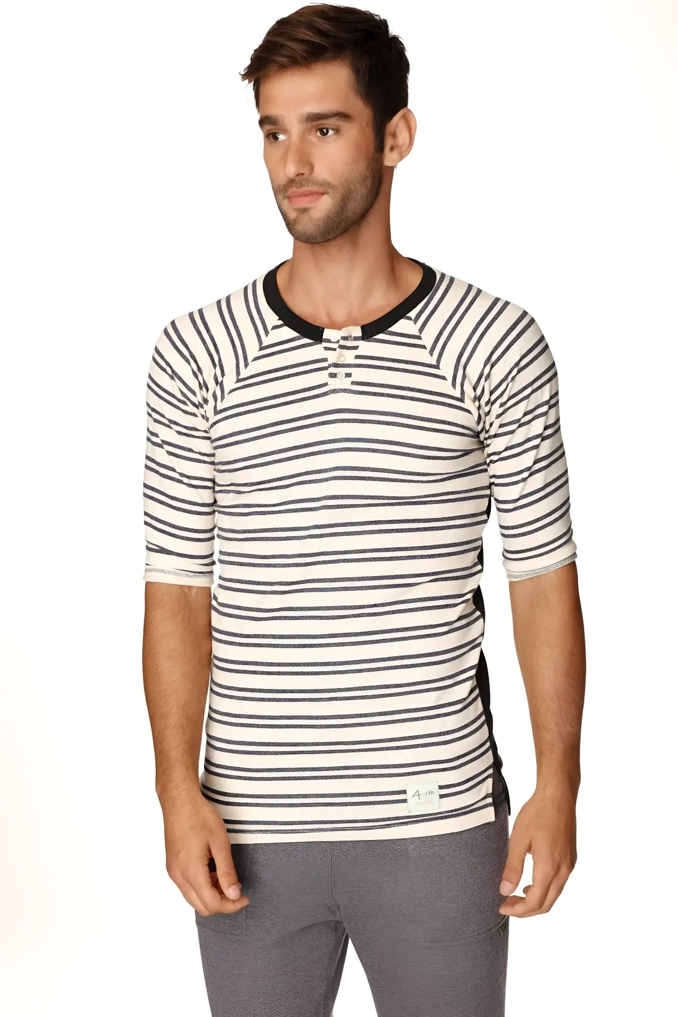 4-rth mens vintage-stripe henley tee short-sleeved cream and navy french terry loop with black ribbed collar and buttons