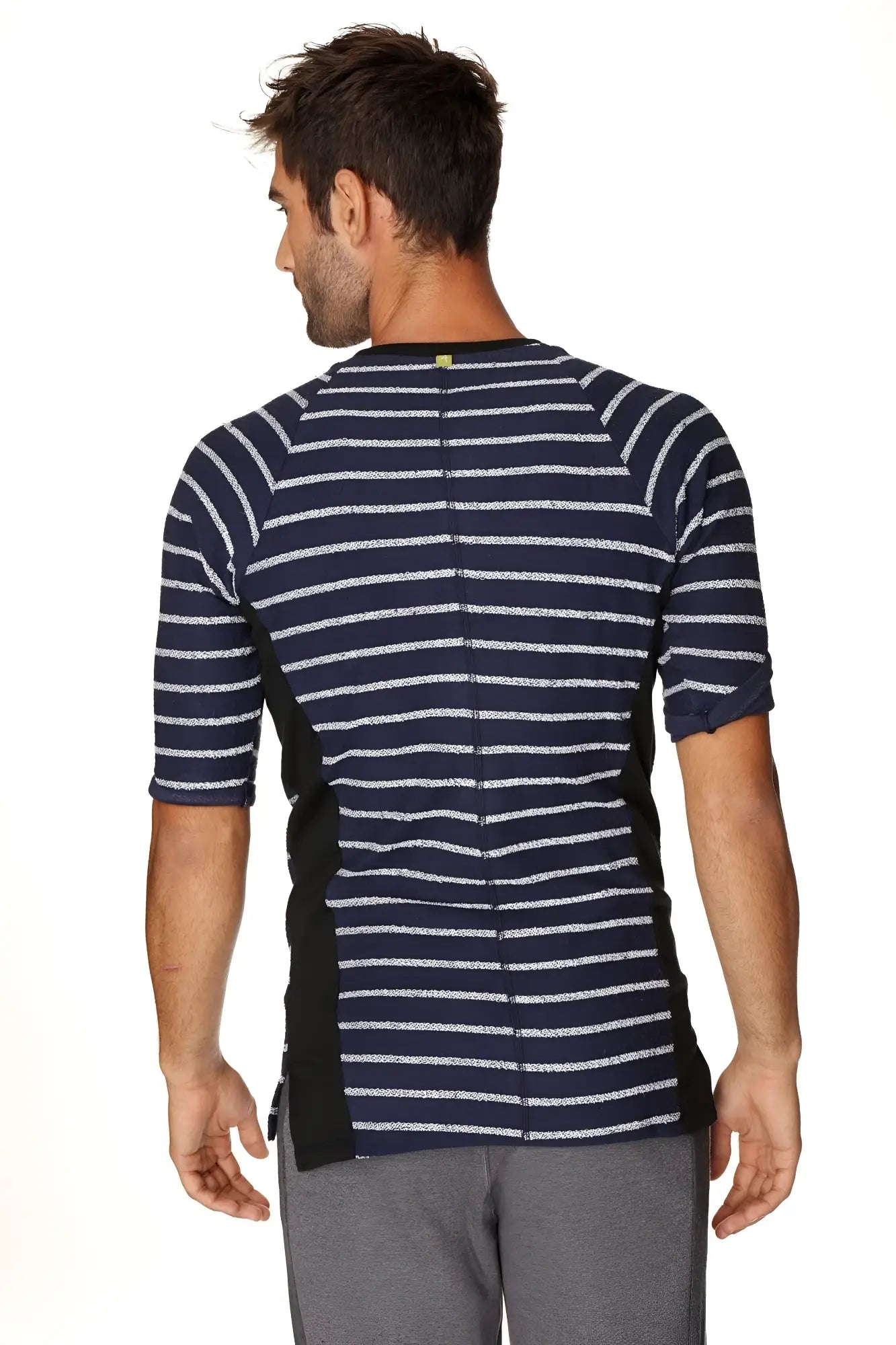 Fourth mens vintage-stripe henley tee navy white striped short-sleeved french terry loop shirt with black accents
