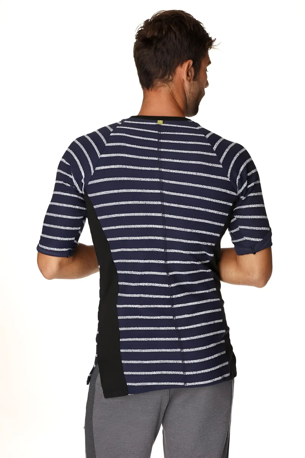 4-rth mens vintage-stripe henley tee navy blue and white striped short-sleeved french terry loop shirt with black side panels